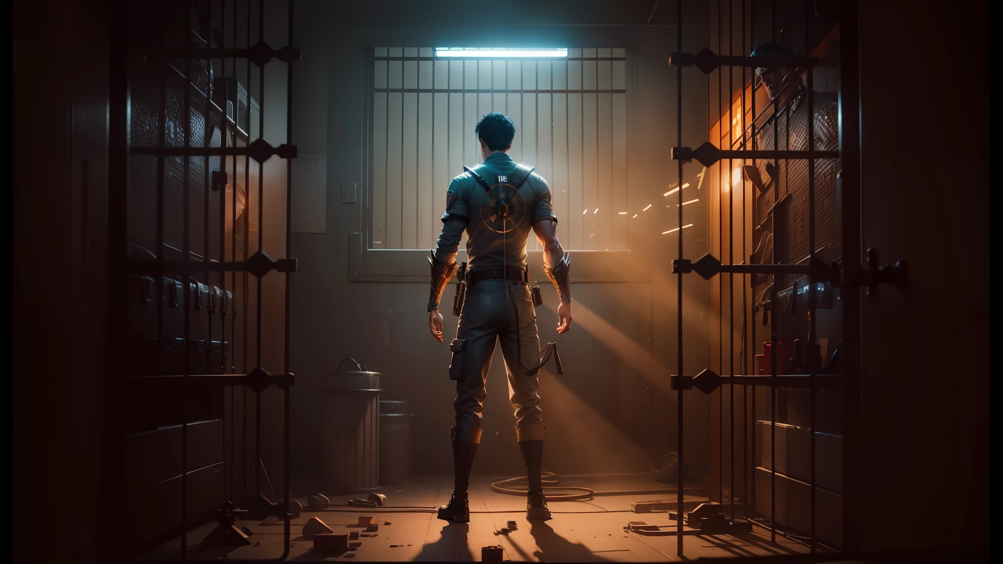 arafed man standing in a jail cell with a flashlight shining through the bars, cinematic cgsociety, cinematic keyframe, cinematic neon uplighting, rossdraws global illumination, cinematic smooth unreal engine, cgsociety 9, cinematic dynamic lighting, rossdraws volumetric lighting, cinematic lighting photography, dynamic cinematic lighting, full body cgsociety, ramatic cinematic lighting --auto --s2