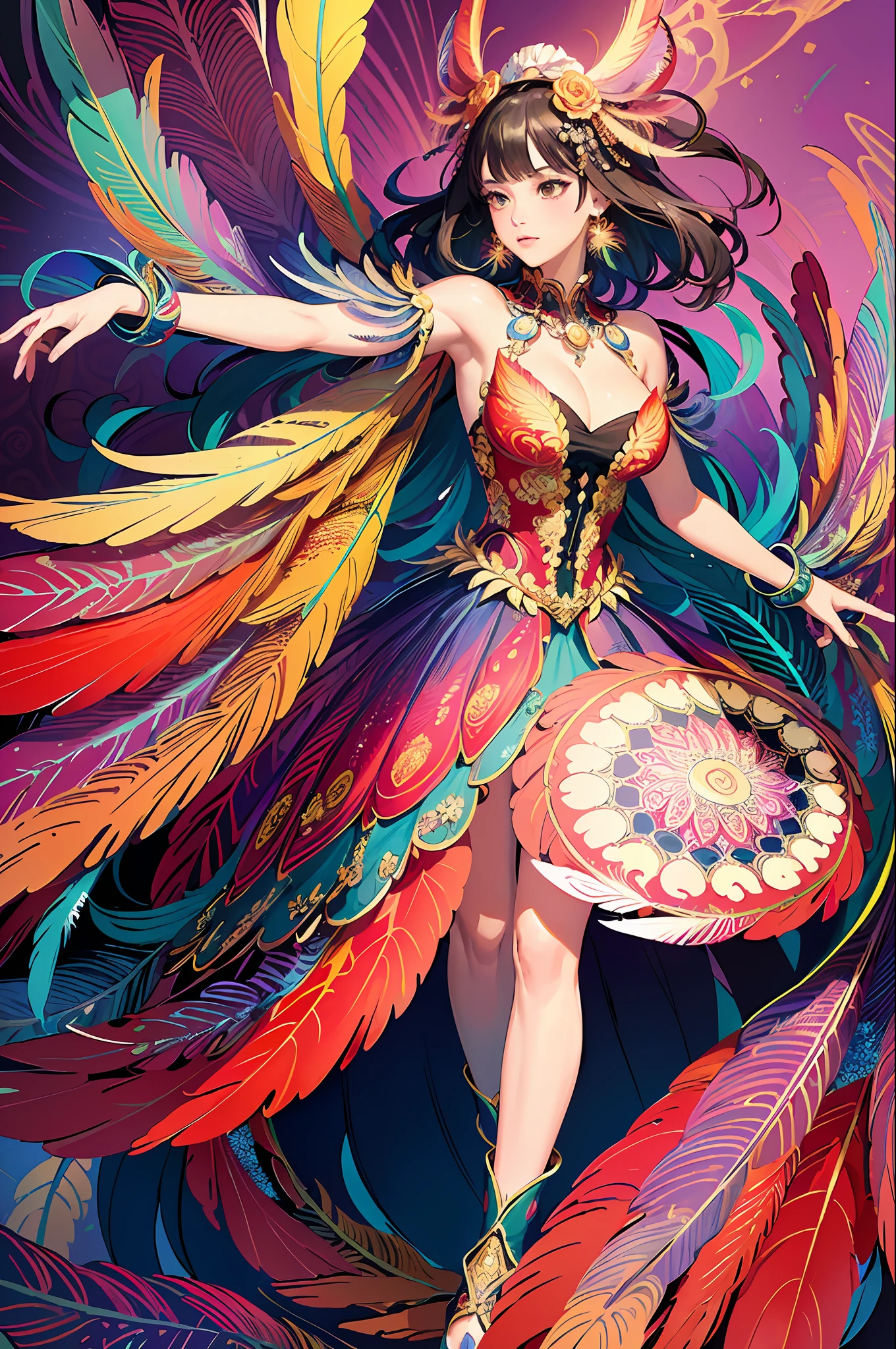 (masterpiece, top quality, best quality, official art, beautiful and aesthetic:1.2), (1girl:1.3), extremely detailed,(fractal art:1.1),(colorful:1.1)(flowers:1.3),highest detailed,(zentangle:1.2), (dynamic pose), (abstract background:1.3), (shiny skin), (many colors:1.4), ,(earrings), (feathers:1.5) , (Flamethrower:1.3),red background,Phoenix dress,