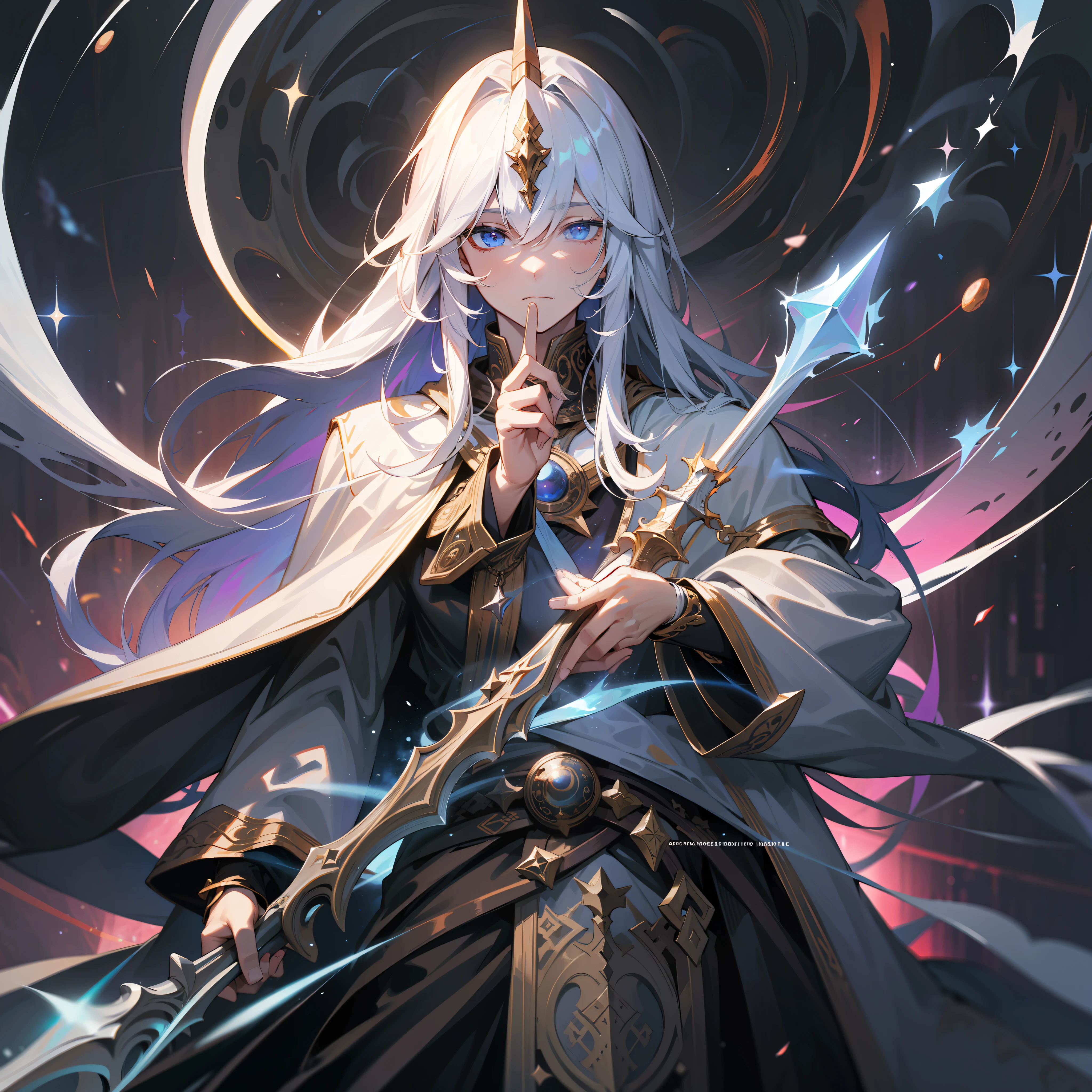 a man, mage, white long hair, dark fantasy, detailed white and black cosmic robe, cosmic staff