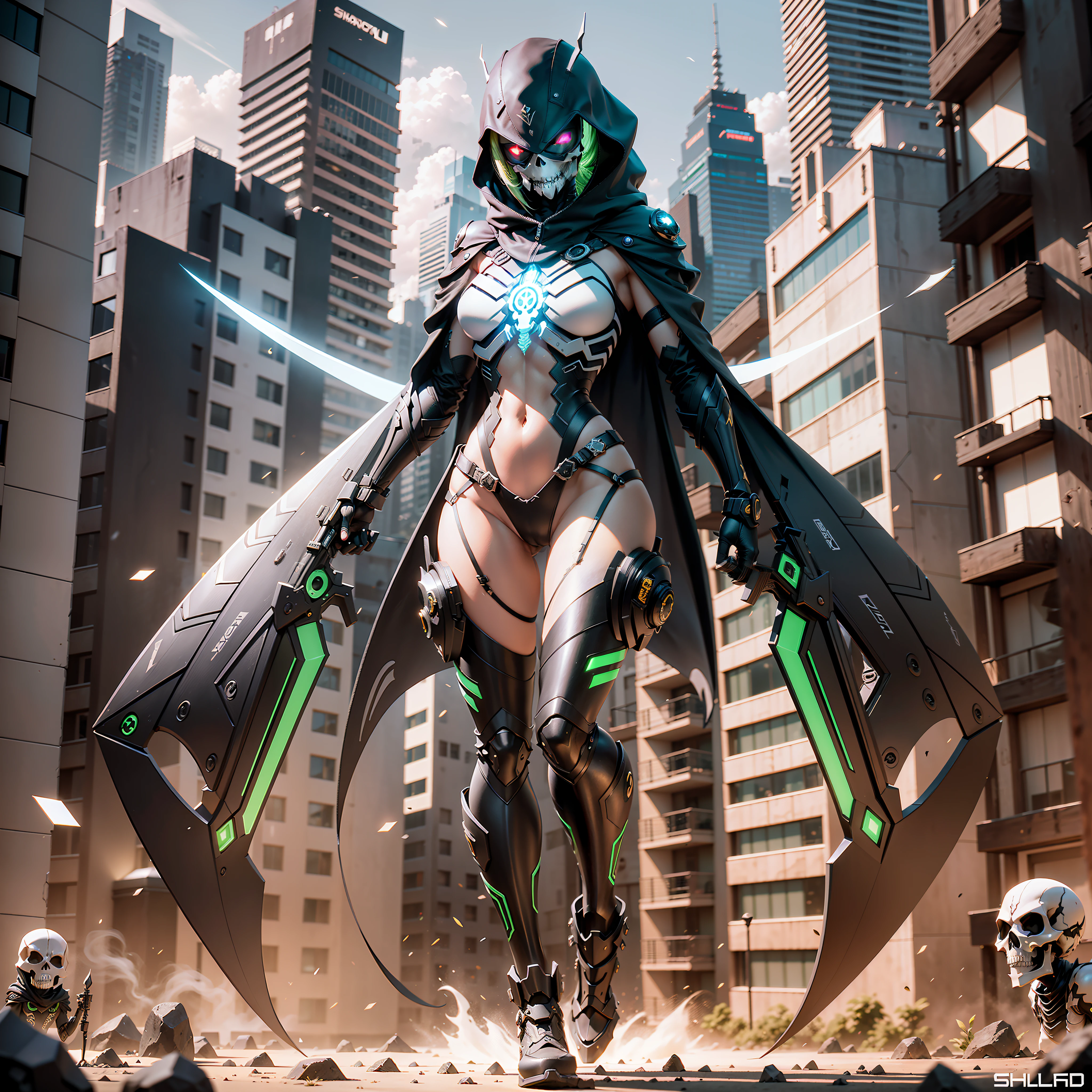 contrapposto, ((highest quality)), ((masterpiece)), (details: 1.4), 3D, 1girl, stylish pose, full body image, image of a woman in a beautiful praying mantis cyberpunk suit, added mantis mechanical scythe on both arms, equipped with Grim Reaper scythe, death size added, Shinigami robe, hood, ripper, ((Shocker's belt)), Full Face Helmet with the Image of a Praying Mantis, ((Black Full Face Mask with Precision Skull)), Cyborg Shield Glasses, HDR (High Dynamic Range), Ray Tracing, NVIDIA RTX, Super Resolution, Unreal 5, Subsurface Scattering, PBR Texturing, Post-Processing, Anisotropic Filtering, Depth of Field, Maximum Clarity and Sharpness, Multilayer Textures, Albedo and Specular Maps, Surface Shading, Accurate Simulation of Light-Material Interactions, Slender Body, Perfect Proportions, Sharp Eyeliner, (Full Body)), Sharp Focus, Octane Rendering, Two-tone Lighting, Wide Aperture, Low ISO, White Balance,Rule of Thirds,8K RAW,Circuit Board AI, 4k, foggy, night city background,