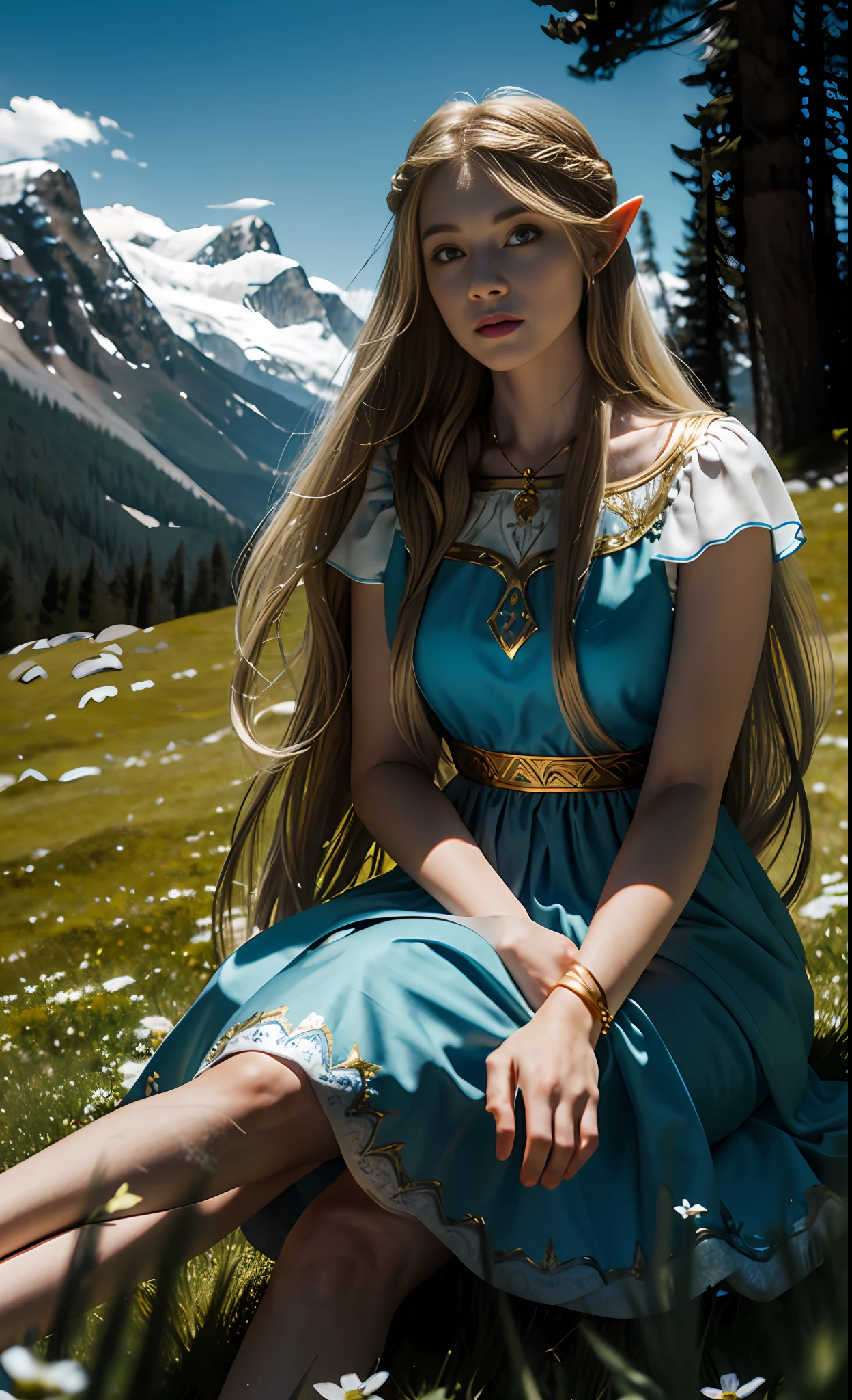 Blonde, elf, blue dress, white dress, European American, forest, Disney, white long skirt with gold trim, golden trim, girl, princess, The legend of Zelda, rock, eyes, flowing hair, delicate hair, Nordic style, windblown hair, coiled hair, small braid, (distant mountains), Alps, meadow, (sitting on grass: 0.6), looking down at the camera, (reality: 1.4), (beautiful scenery)