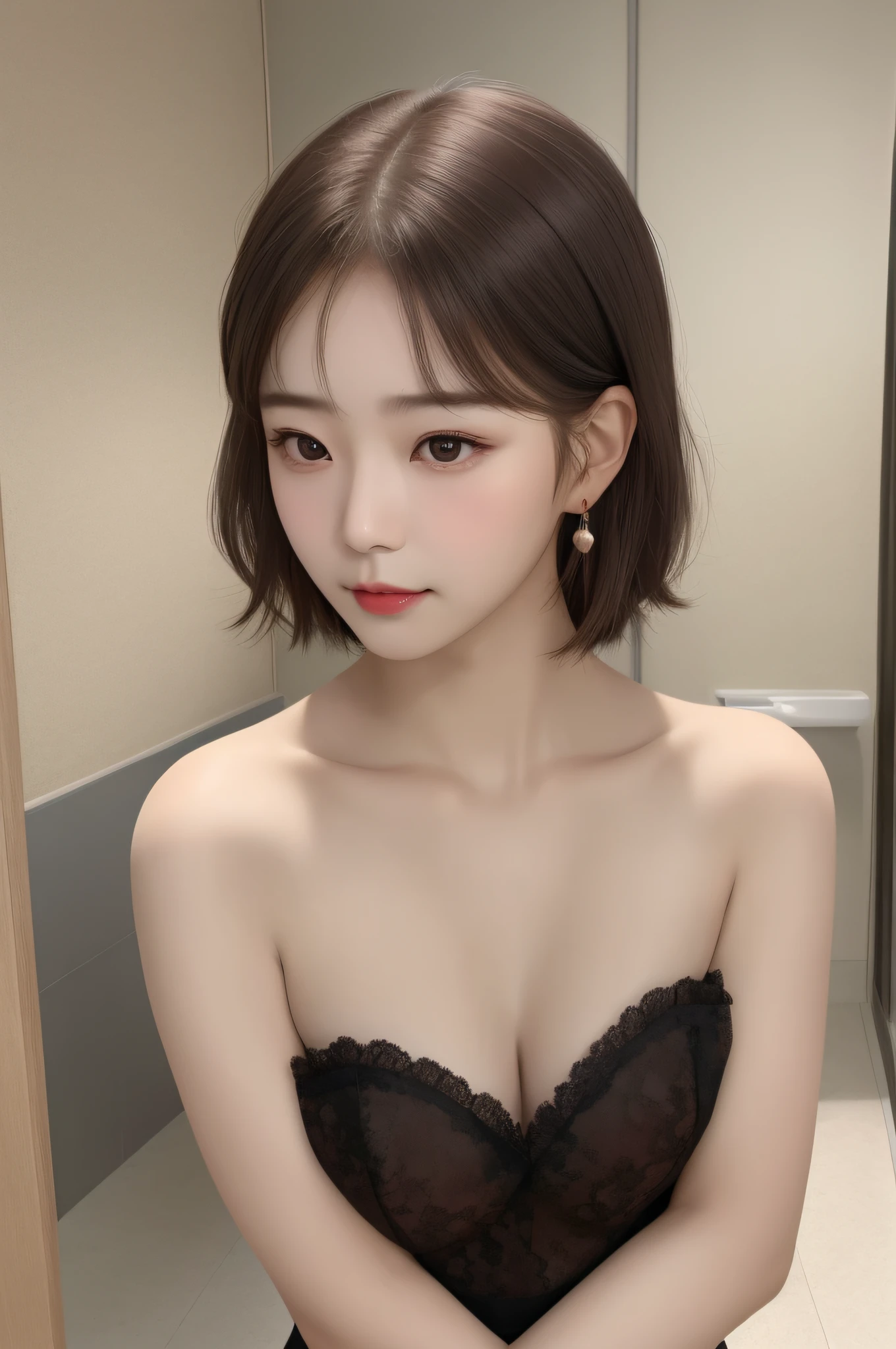 photo of a korean girl, (Perfect beauty:1.37), ((platinum brown hair)), medium(((perfect natural breasts))), cleavage, sexy collarbone, oval face, double eyelids, smart peach blossom eyes, pink lips, small nose, bangs, earrings, lace choker, bare shoulders, strapless(black lace short dress), (indoor, Night:1.125), bathroom, Super fine face, Fine eyes, Double eyelids, (Clear focus), (Realistic lighting, Best quality, 8K, Masterpiece: 1.43),