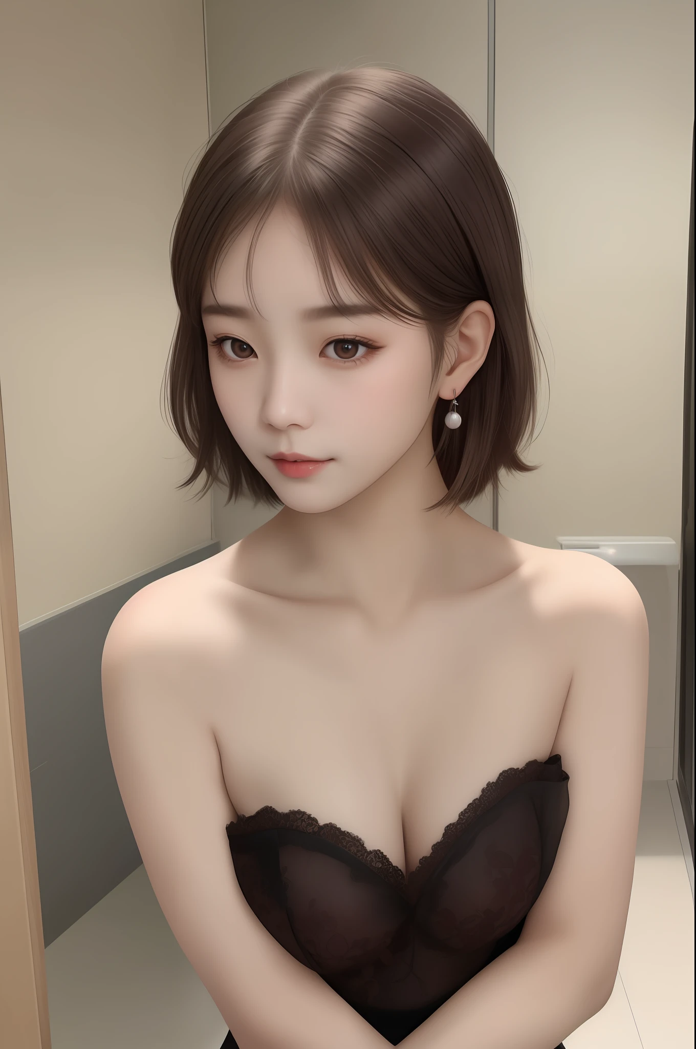 photo of a korean girl, (Perfect beauty:1.37), ((platinum brown hair)), medium(((perfect natural breasts))), cleavage, sexy collarbone, oval face, double eyelids, smart peach blossom eyes, pink lips, small nose, bangs, earrings, lace choker, bare shoulders, strapless(black lace short dress), (indoor, Night:1.125), bathroom, Super fine face, Fine eyes, Double eyelids, (Clear focus), (Realistic lighting, Best quality, 8K, Masterpiece: 1.43),