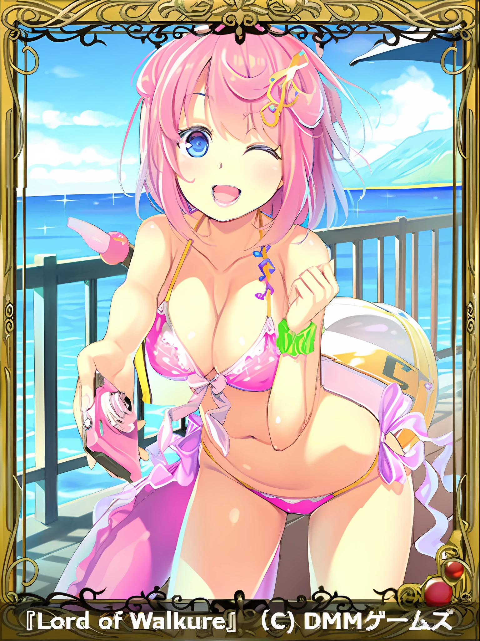 a close up of a cartoon character in a bikini with a sword, [ tarot card ]!!!!!, official artwork, splash art anime , けもの, hanayamata, at the beach, sayori, at a beach, small curvy loliddess of summer, full body:: sunny weather::, attire: bikini, swimsuit