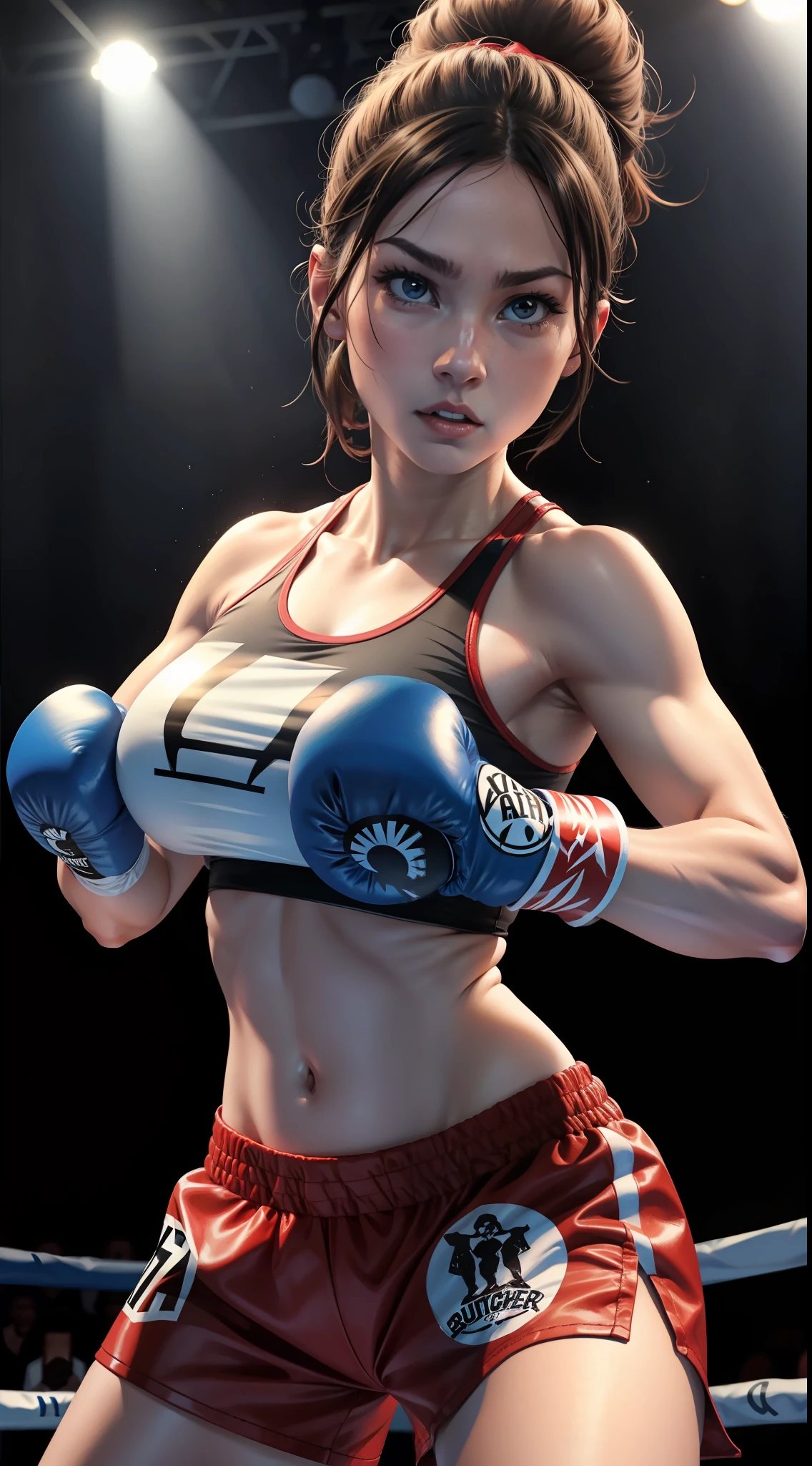 a woman with boxing gloves, fighting pose, in a boxing ring