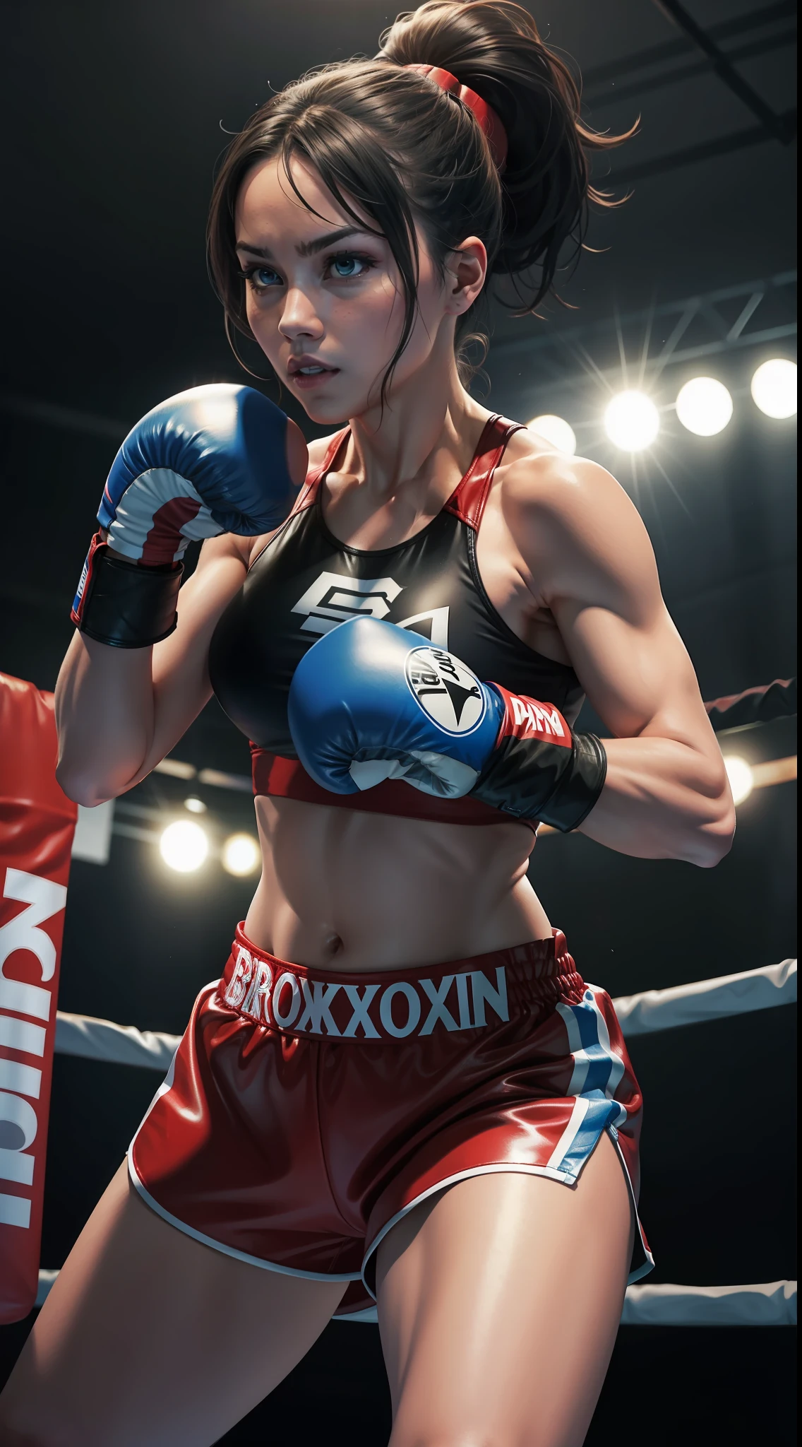 a woman with boxing gloves, fighting pose, in a boxing ring