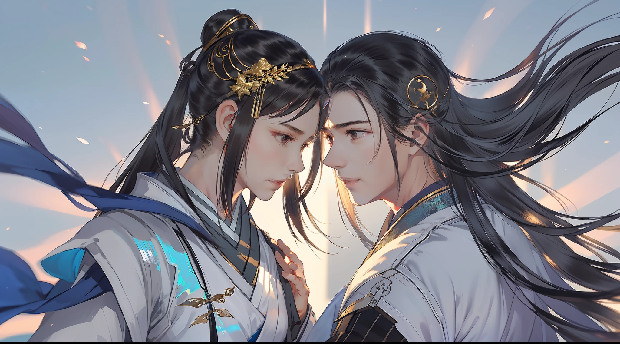 A handsome Chinese boy and girl, whole body, looking at each other, gentle eyes, clear facial features, wearing Hanfu, body surrounded by black mist, runes around, holographic reality, holographic halo, motion blur, game light effects, edge light, soft light, movie edge light, delicate light