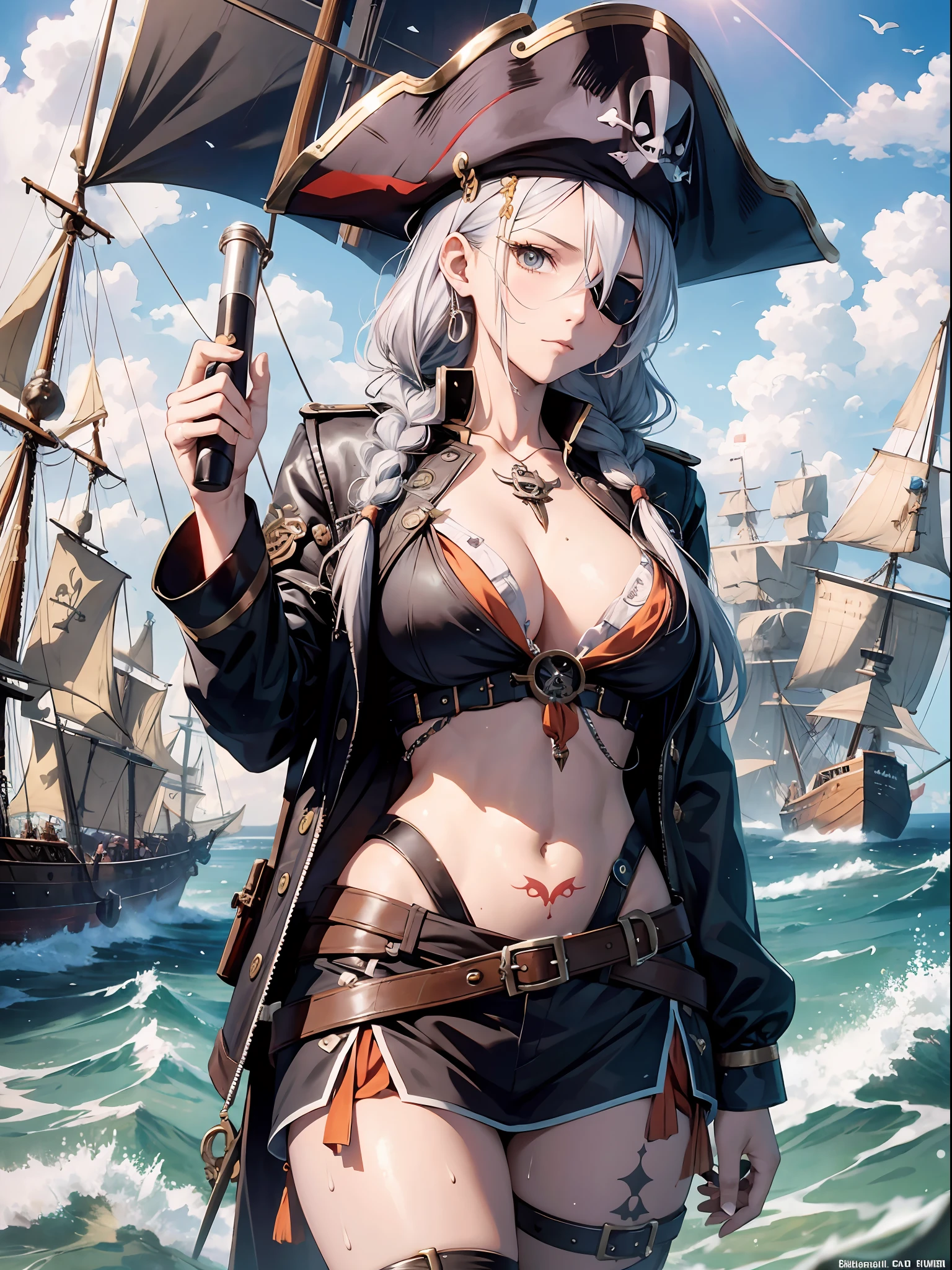 Pirate woman on her ship,y full body,braided hair,leather hat,cigarette in mouth,eye patch with skull drawing,holding a flintlock pistol,tattoo,BREAK pirate ships,sea,sun,sweat,orange fruit,rope,artwork,3D,4K,Detailed,Realistic,4k highly detailed digital art,octane render, bioluminescent, BREAK 8K resolution concept art, realism,by Mappa studios,masterpiece,best quality,official art,illustration,ligne claire,(cool_color),perfect composition,absurdres, fantasy,focused,rule of thirds