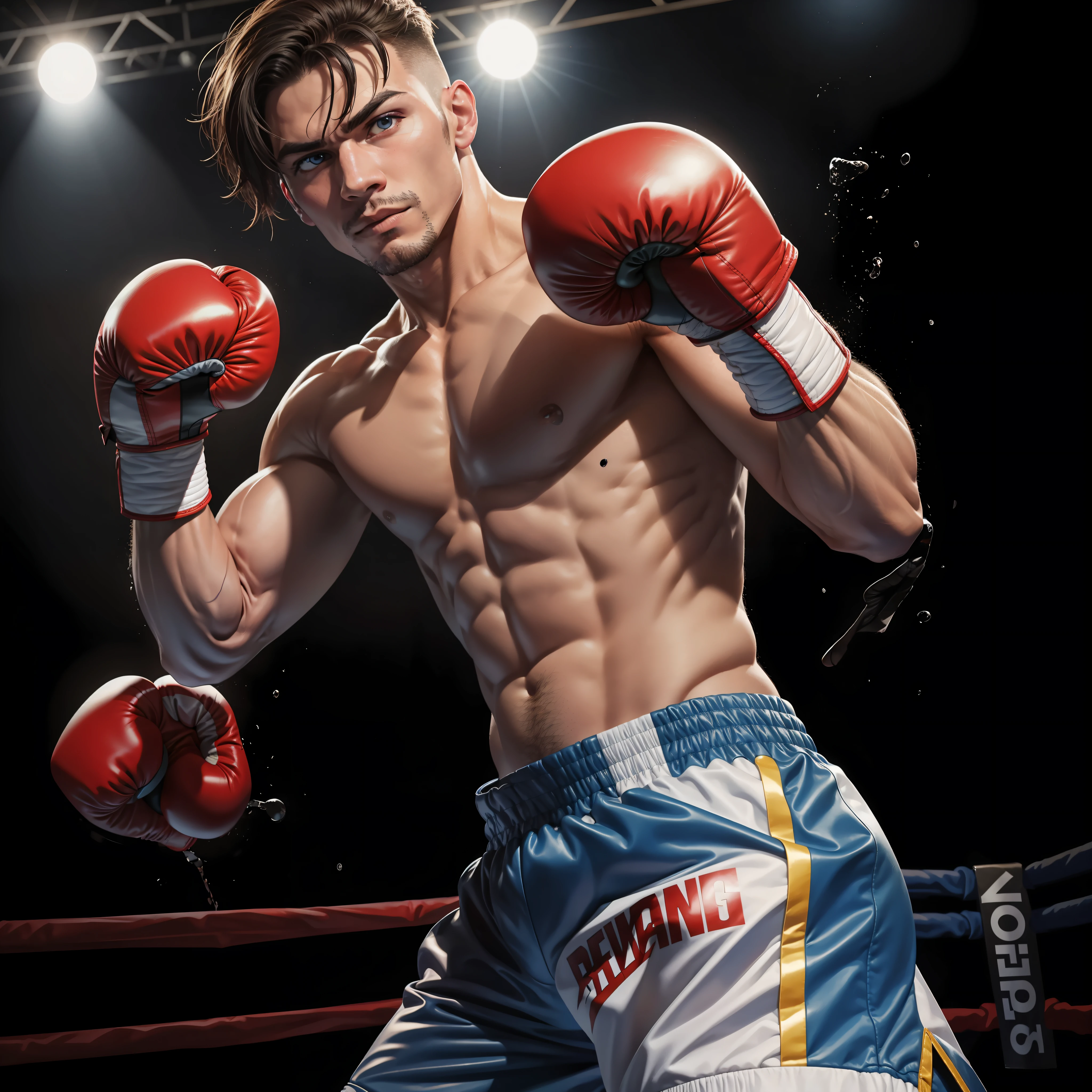 a man with boxing gloves, fighting pose, in a boxing ring