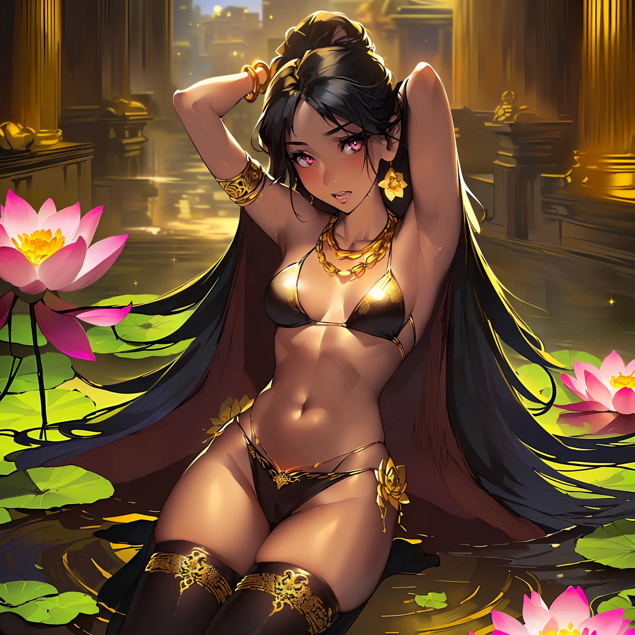 (Hindu city))), (((the best building)))((solo character, sexy pose, arms above head, hands behind head, arched back))  anime girl with lotus flower, lotus flowers on water, dark lighting, ((dark skin)), slim body, small stature, black hair, ((black hair, pink eyes)), messy hair, long hair, open mouth, sharp teeth, blushing, saliva, ((gold bikini with jewels, , white thighhigh socks with floral design, gold slippers with jewels, multiple gold bracelets with jewels, multiple gold necklace with jewels, multiple gold hair ornaments with jewels, lotus flower in hair)), slim body, slender body, smooth skin, wet skin, oil on skin, ((gold sparkles, magic sparkles)), master piece, best quality, 1 girl, very long legs, very tall, mature body, mature lady, --auto --s2