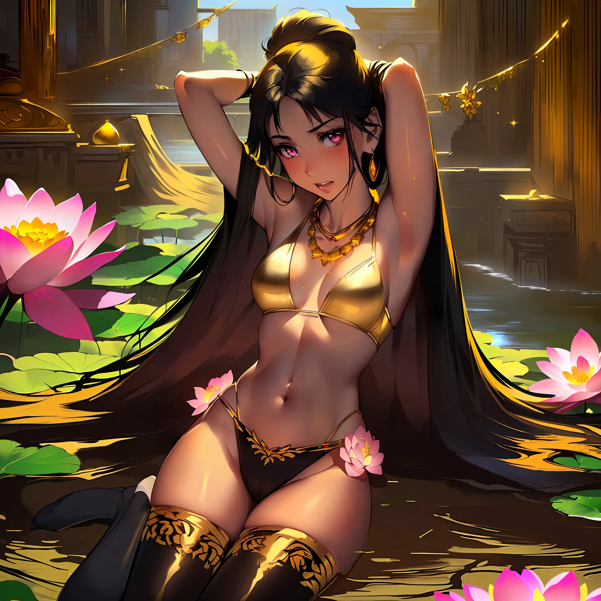 (Hindu city))), (((the best building)))((solo character, sexy pose, arms above head, hands behind head, arched back))  anime girl with lotus flower, lotus flowers on water, dark lighting, ((dark skin)), slim body, small stature, black hair, ((black hair, pink eyes)), messy hair, long hair, open mouth, sharp teeth, blushing, saliva, ((gold bikini with jewels, , white thighhigh socks with floral design, gold slippers with jewels, multiple gold bracelets with jewels, multiple gold necklace with jewels, multiple gold hair ornaments with jewels, lotus flower in hair)), slim body, slender body, smooth skin, wet skin, oil on skin, ((gold sparkles, magic sparkles)), master piece, best quality, 1 girl, very long legs, very tall, mature body, mature lady, --auto --s2