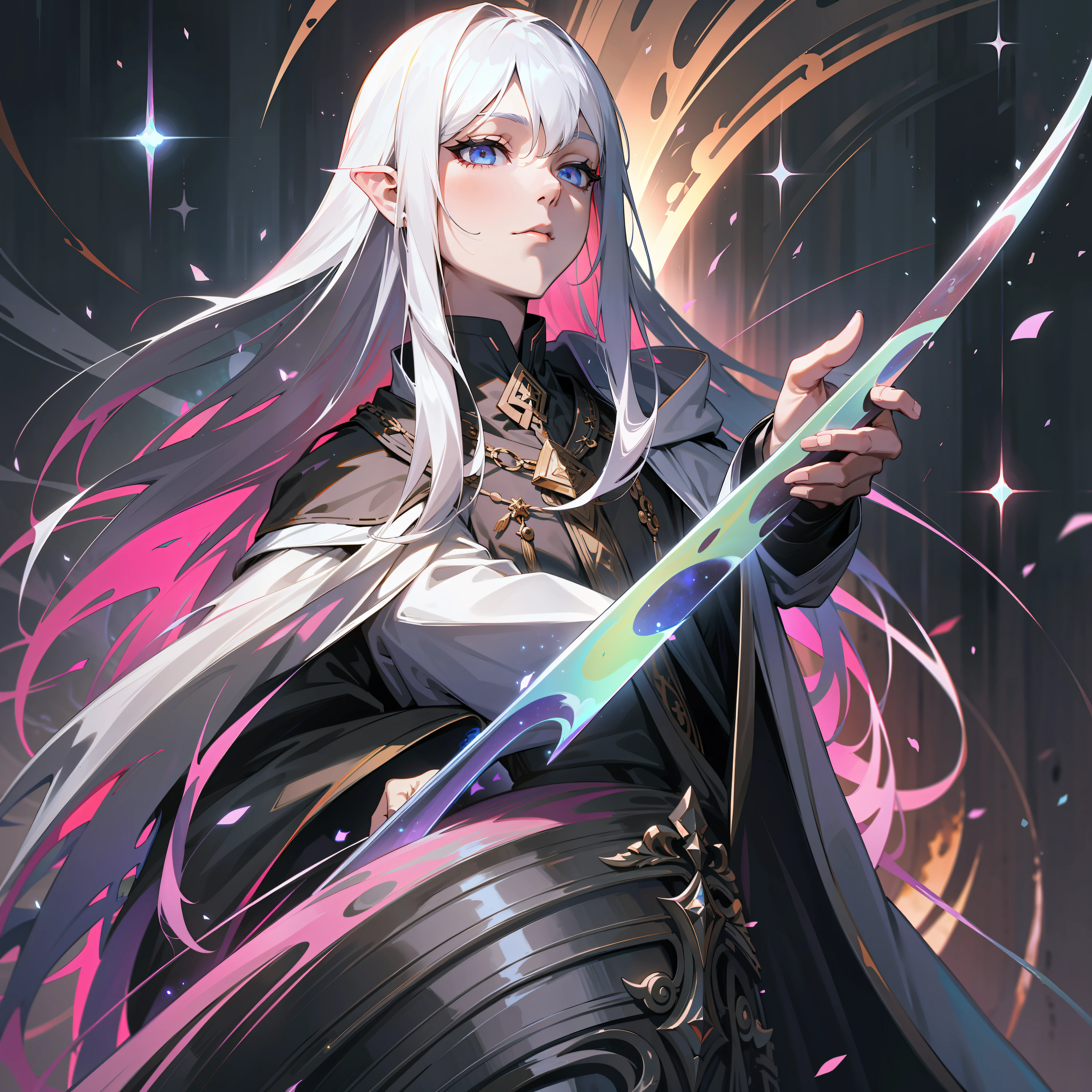 a man, mage, white long hair, dark fantasy, detailed white and black cosmic robe, cosmic staff