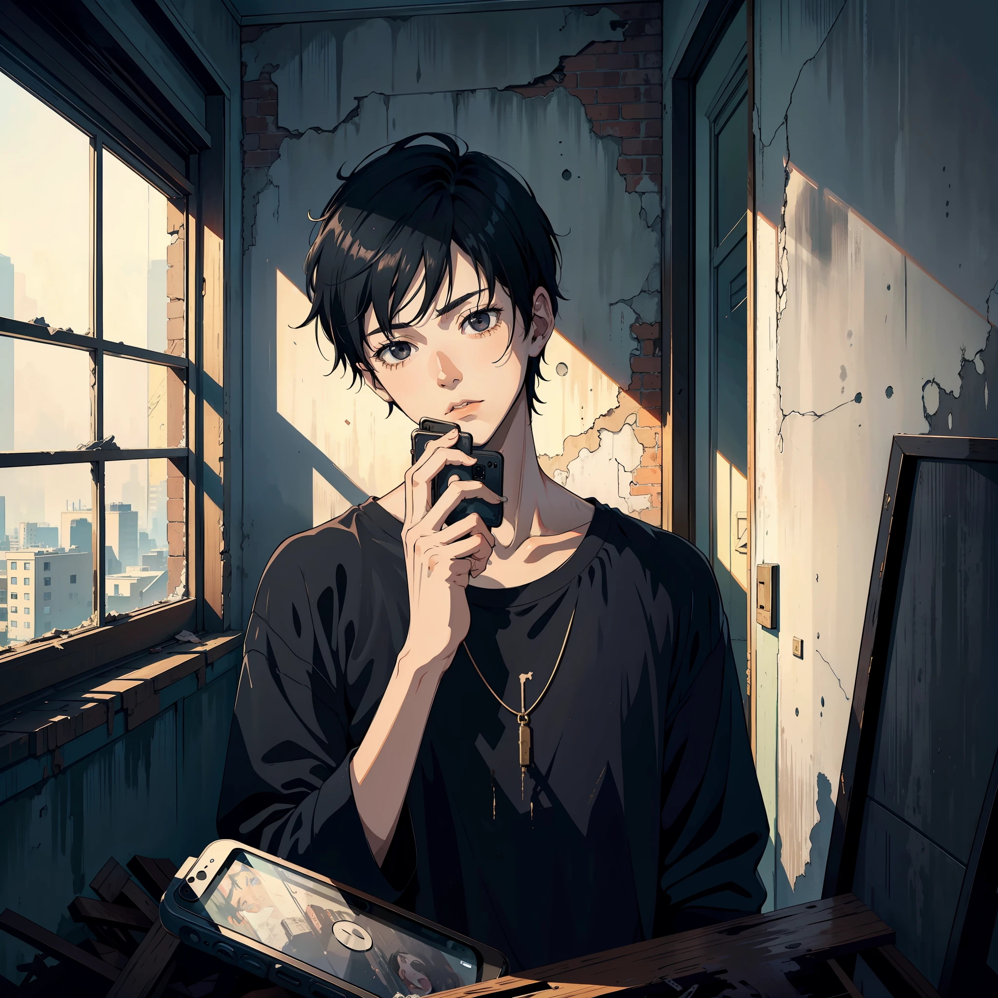 The boy holds the phone facing himself, black hair, black eyes, in the dilapidated house