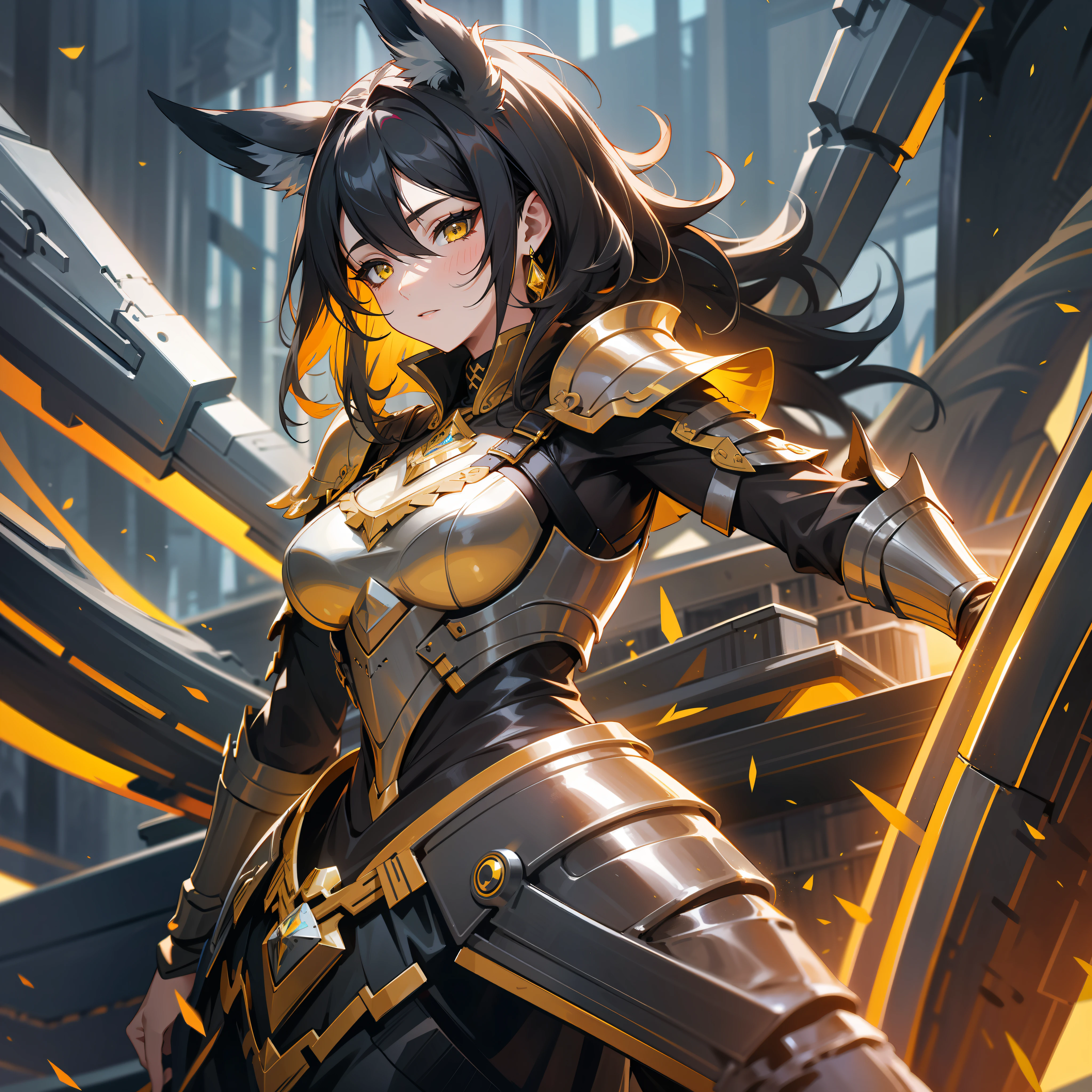 a woman, druid, wildly black hair, dark fantasy, detailed yellow armor, with a giant black lynx behind him