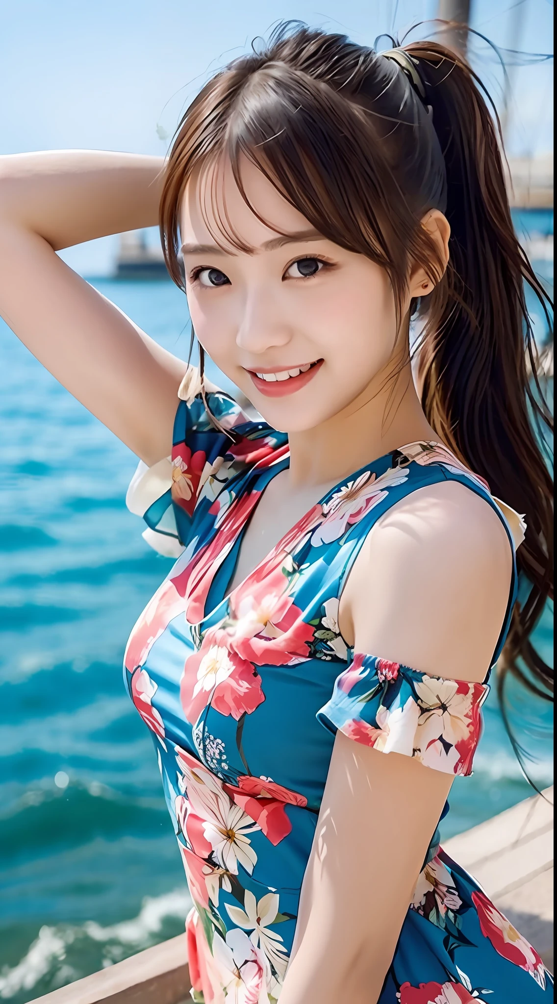 (Summer Sea), Best Quality, Ultra High Definition, College Girl, (Floral Dress), (Beautiful Hair and Beautiful Eyes), Smile, High Contrast, (Photorealistic:1.4),((Ponytail)),Looking at Camera