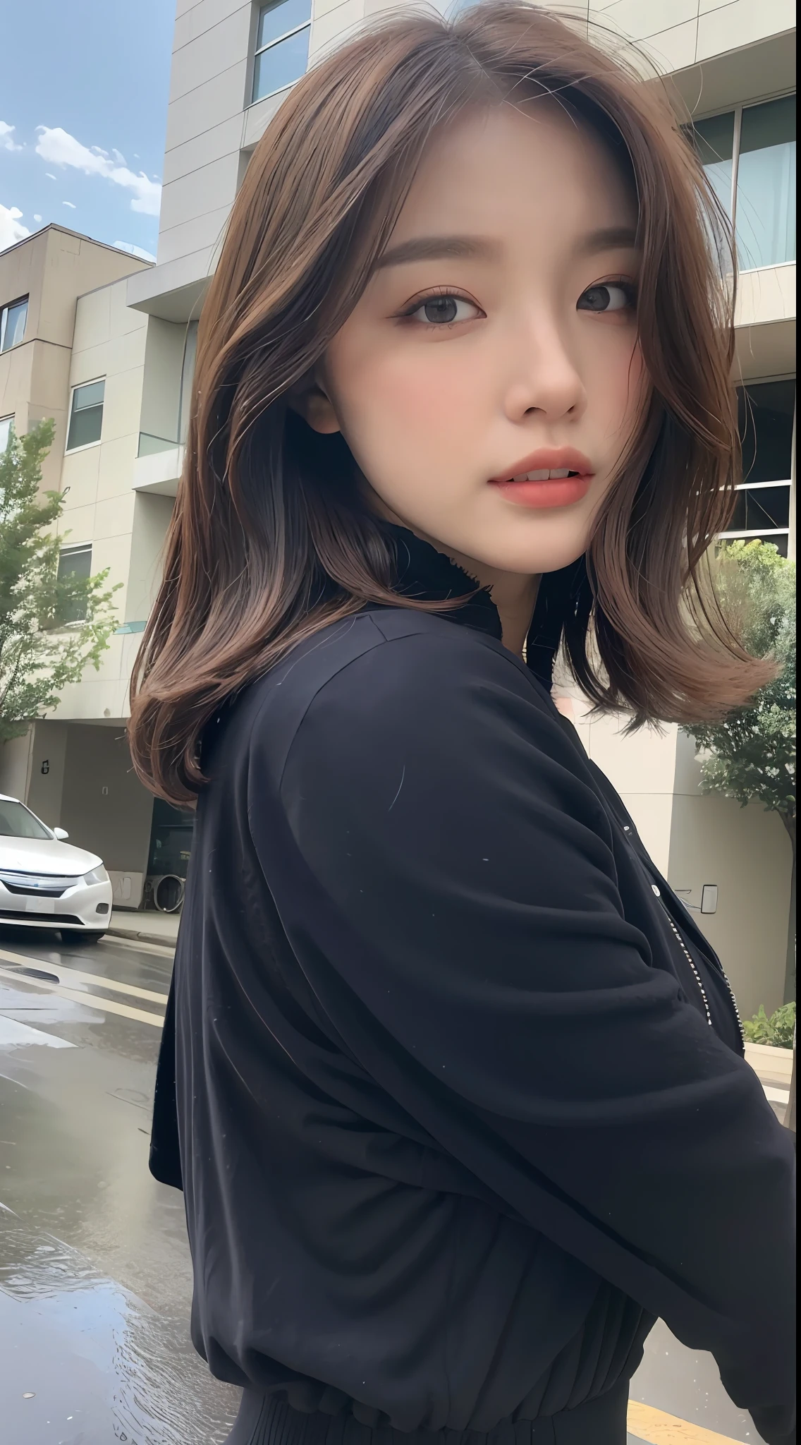 ((Best Quality, 8k, Masterpiece: 1.3)), Focus: 1.2, Perfect Body Beauty: 1.4, Buttocks: 1.2, (Layered Haircut: 1.2)), (Rain, Street:1.3), Highly detailed face and skin texture, Fine eyes, Double eyelids, Whitening skin, Long hair, (Round face: 1.5), sweet_ta