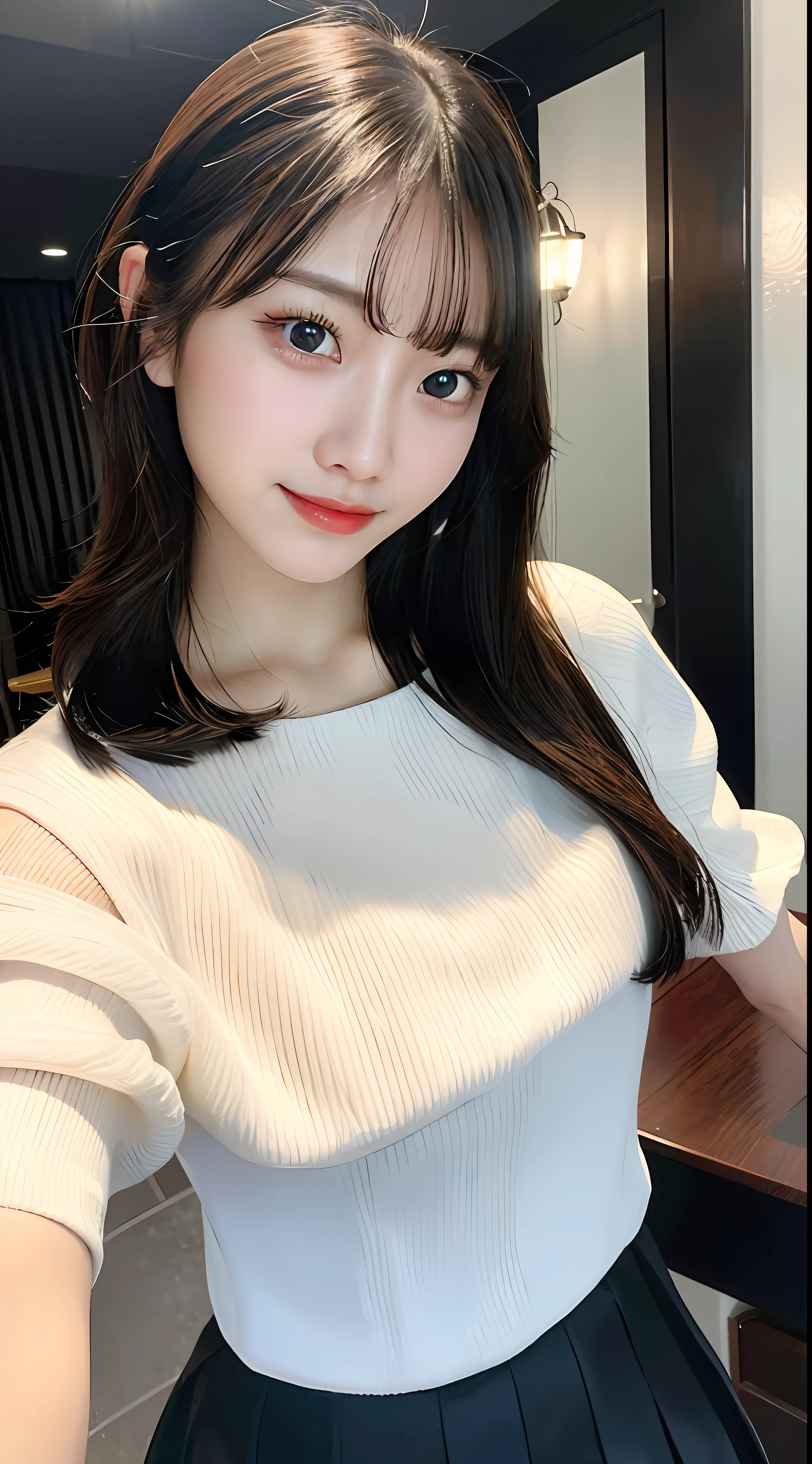 20 years old, pure beauty, danfeng eyes, double eyelids, lying silkworm, long eyelashes, black eyes, deep black hair, graceful body, showing slender waist, pleated skirt, face highlight, smile, look at me, bust photo, background is, city night view, Tyndall light, filter rendering, ultra-fine, HD, HD, HD picture quality, detail, 18k ultra-HD resolution, top effects, master works, bust photos.