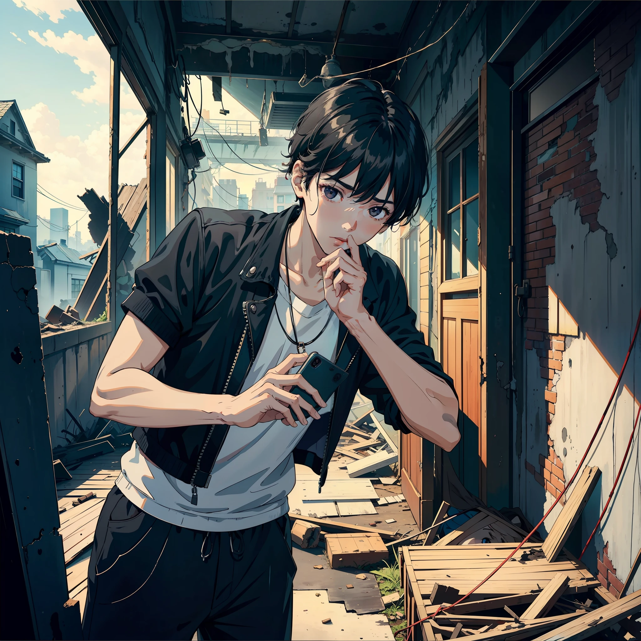 Boy holding a cell phone live broadcast black hair and black eyes in a dilapidated house