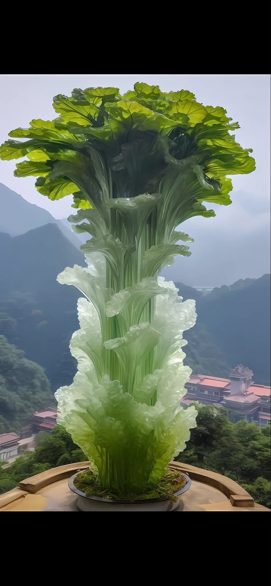 Statues made of glass, large translucent art statues, realistic glass sculptures, alien plants, jade sculptures, translucent algae gorgeous, glass sculptures, fantasy magical vegetation, surreal Wises flowers, strange vegetation, alien flowers, giant flame fantasy plants, beautiful green liquid, feathers made of seaweed