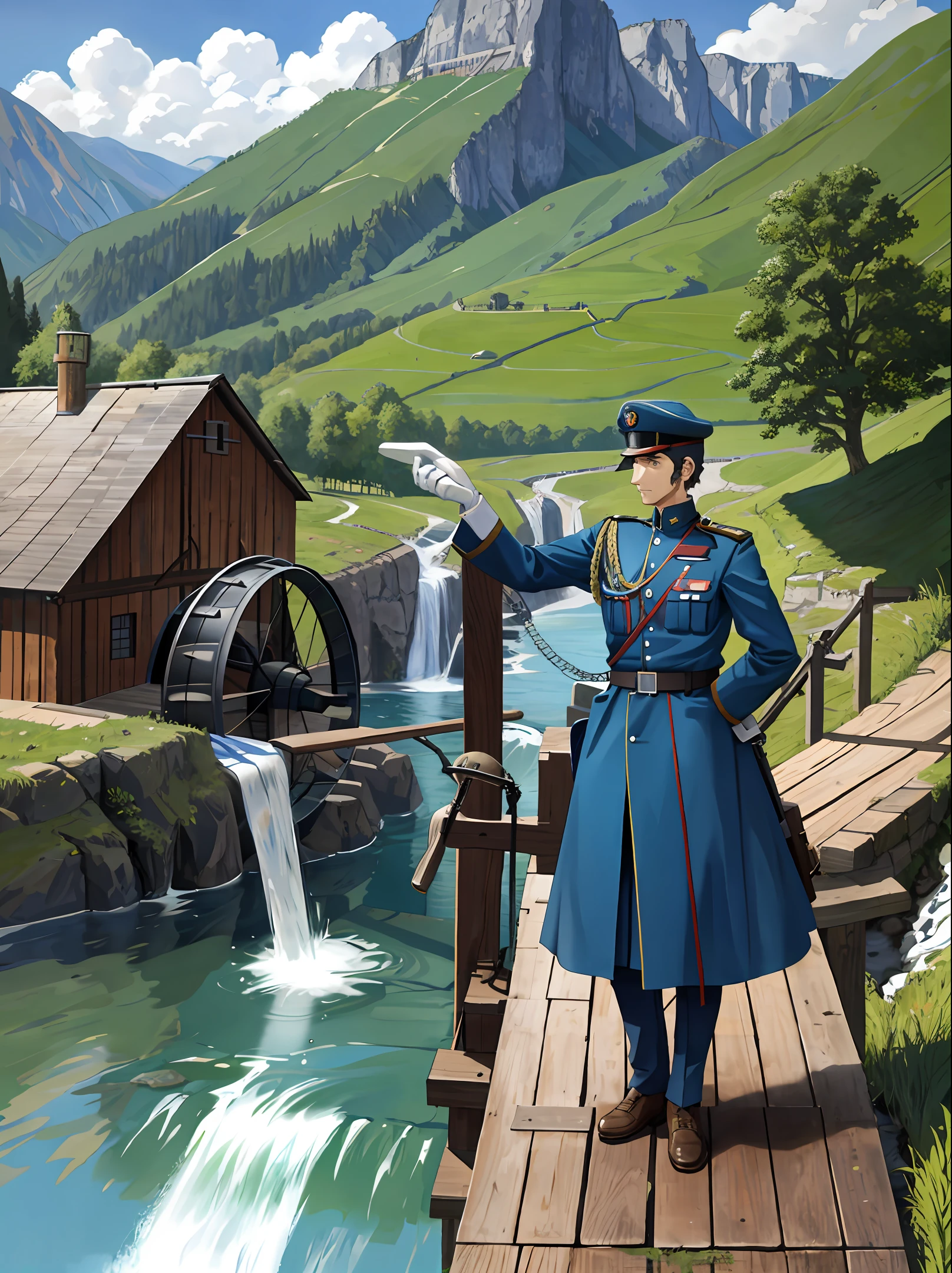 Italian World War I soldier looking at the waterwheel of a mill