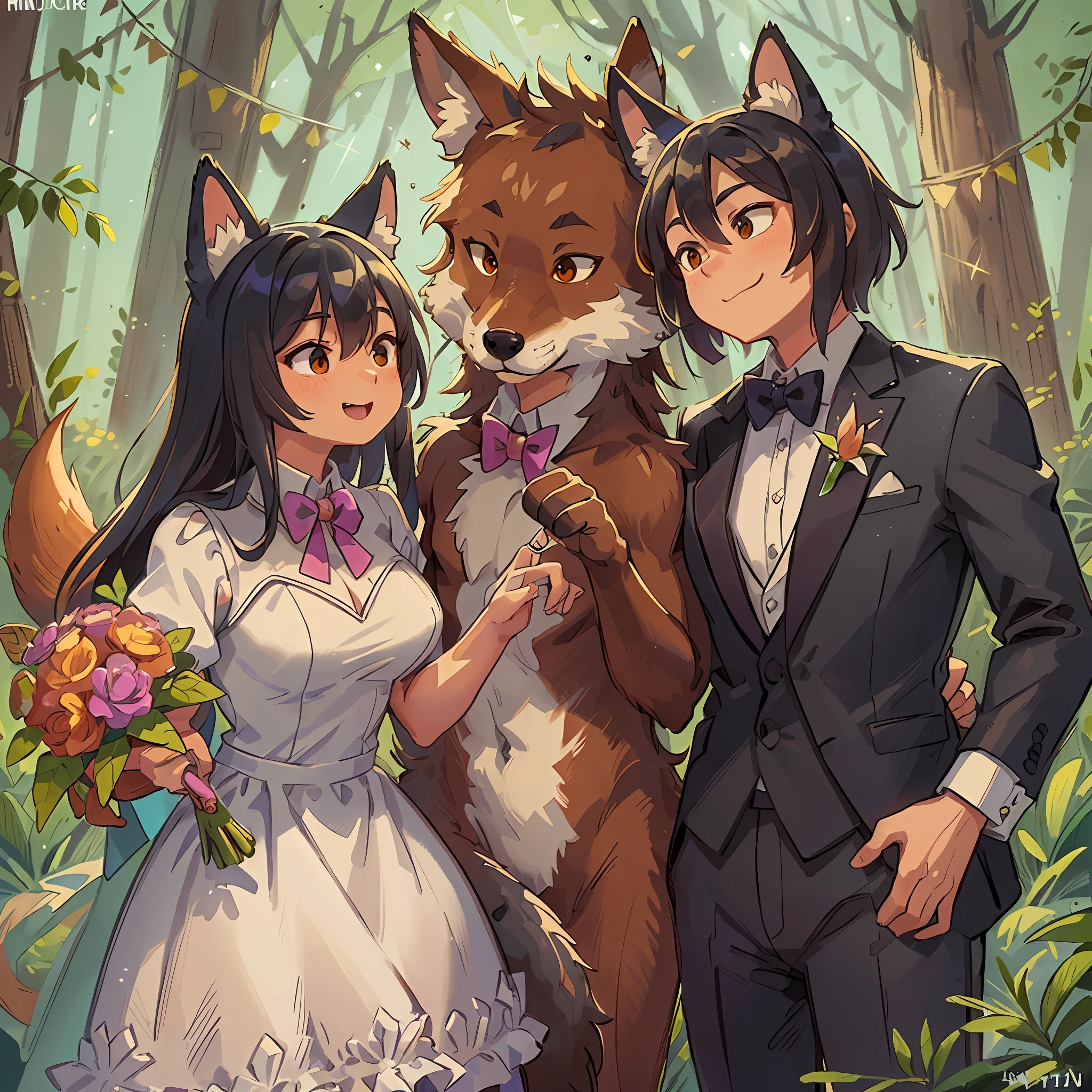 Top quality, ultra-fine illustrations, four-headed body (association, colorful stained glass with shimmering light, dog groom, cat bride, fox pastor) (very detailed beautiful face and eyes) absurd perfect anatomy (angelic cute boy and girl) ((beastman))) (tuxedo, prom dress, wedding photo, bouquet of beautiful flowers) (furry antro: 1.7) ( Furry body, animal facial features, animal body features))) (((muzzle of the animal, very detailed fur)))) full body, smile (dynamic pose),