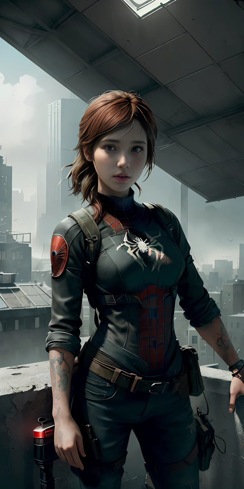 Create an incredibly detailed artwork depicting Ellie, the main character of the game "The Last of Us". Highlight your vibrant eyes and delicate face, capturing your incredible beauty. Draw her in a dynamic pose, wearing a Spider-Man suit with red and black color scheme. The background should depict a detailed roof overlooking a futuristic dystopian megalopolis, adding a touch of complexity and atmosphere to the image. Use a high-quality technique, such as 8k UHD, to create highly detailed skin with visible pores and stunning photographic realism. Add volumetric mist elements to add depth to the scene. The work must be a true masterpiece, with exceptional quality and a unique artistic style