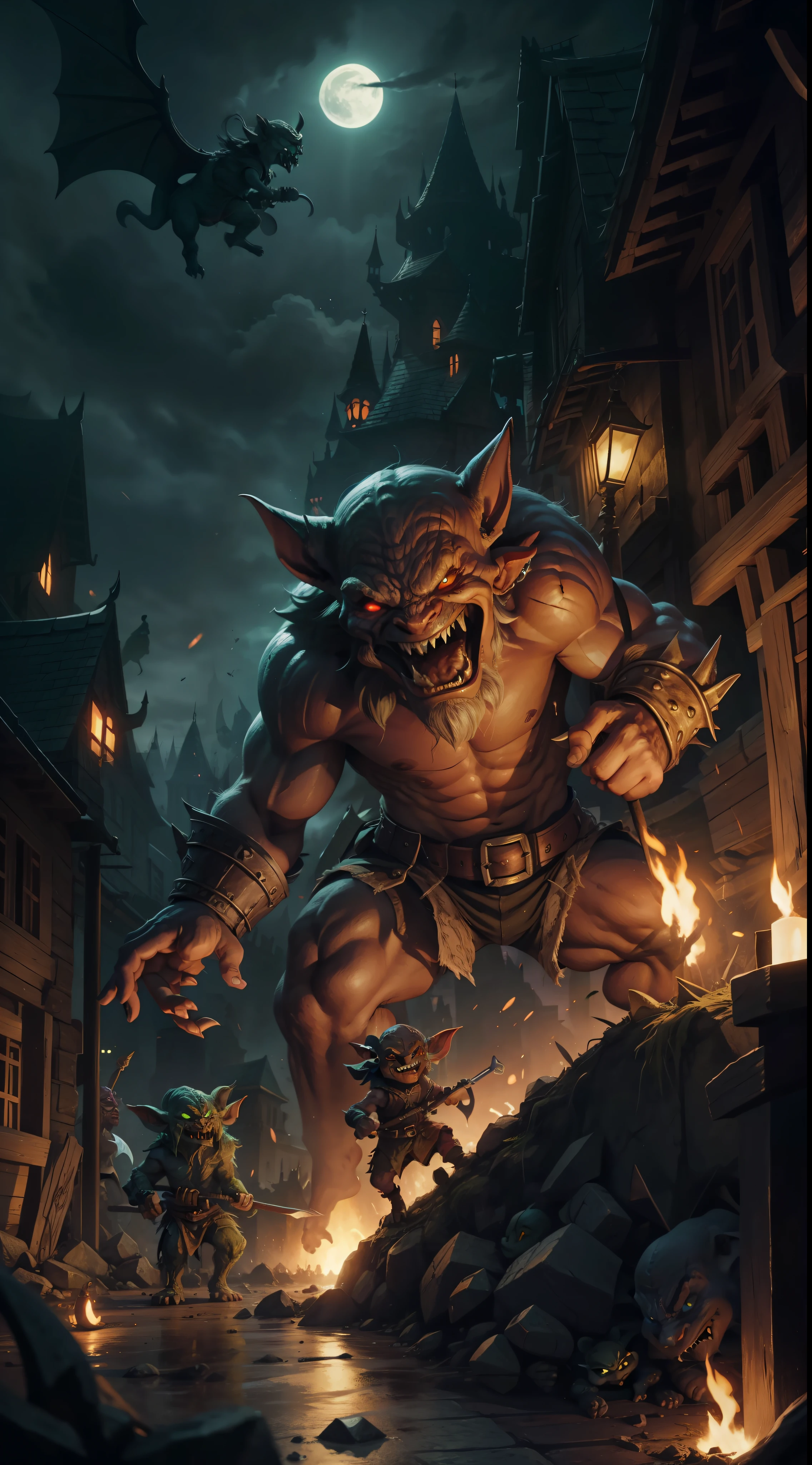 an horde of ferocious goblins destroying a medieval city at night