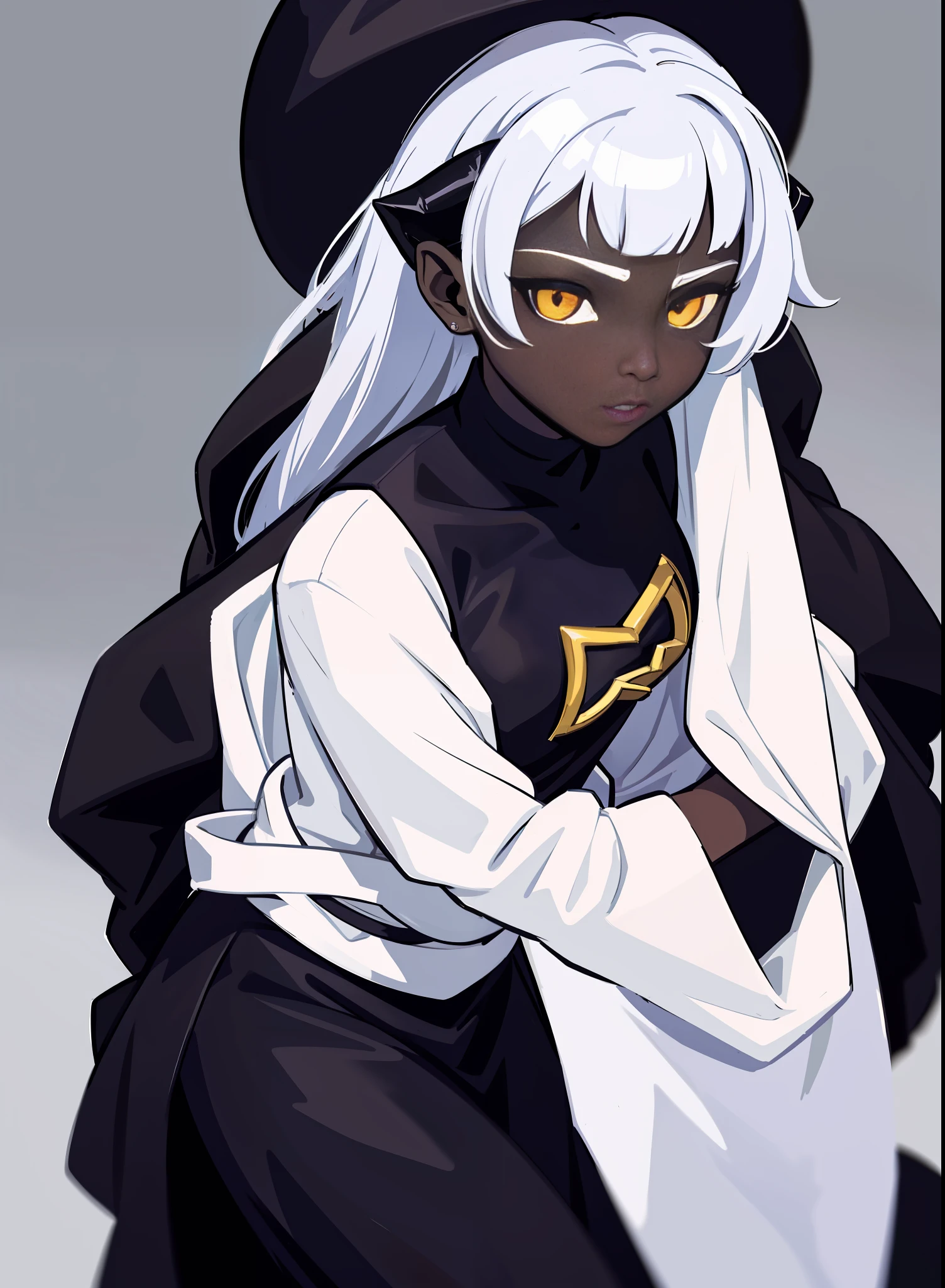 African Black Anime characters with white hair Black dress, dark witch characters, demon anime girls, white hair gods, dark and weird characters, deep robed witches, fashionable dark witches, capes, horns geometrically