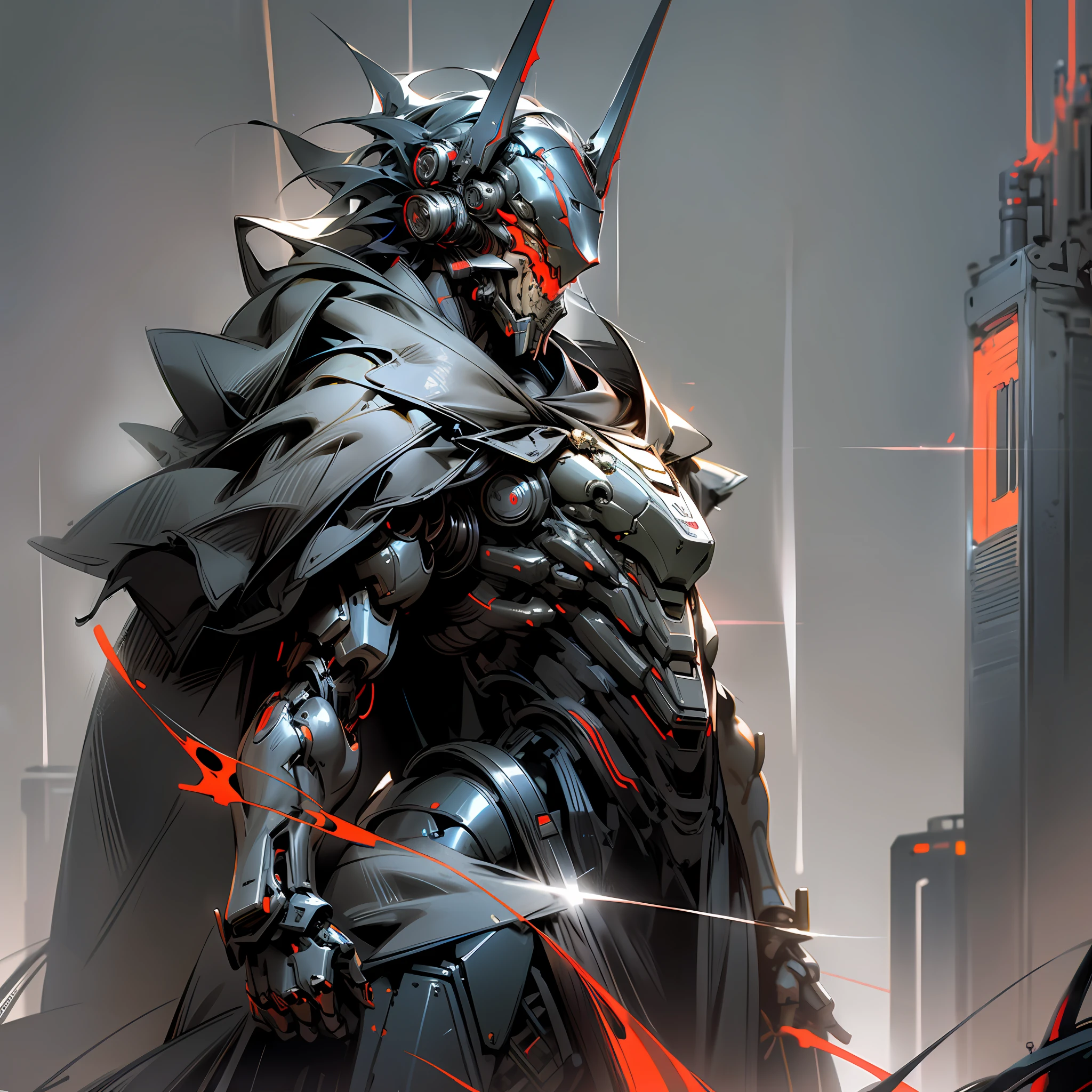 Dark_Fantasy,Cyberpunk,1man,Mechanical marvel,Robotic presence,Cybernetic guardian,dark knight mechanical armour, great sword on the back, absolutely stunning art,wearing a black cloak, highest quality art, highest resolution, hyper detailed,black and red outlines