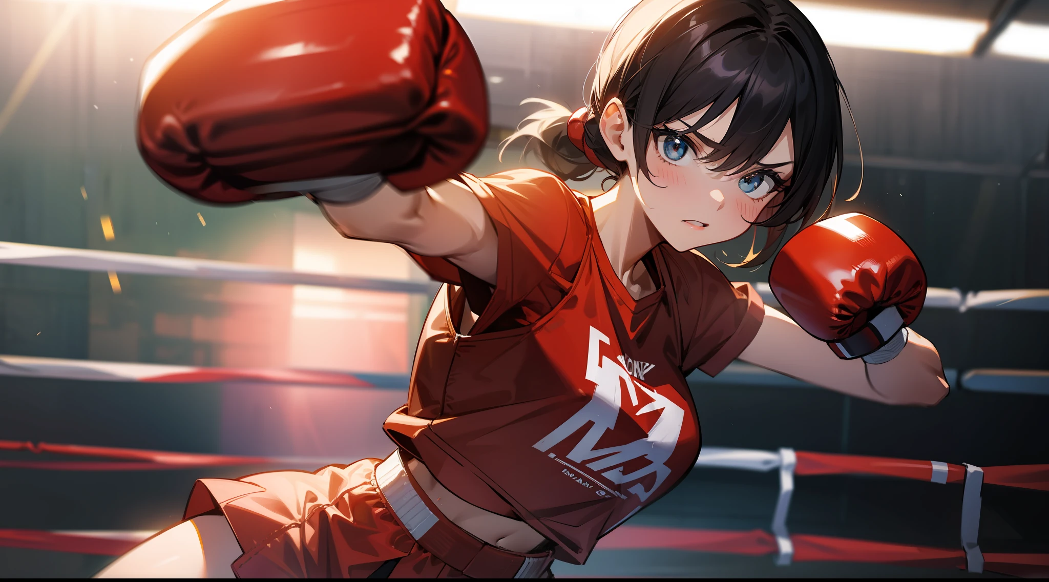 a woman with boxing gloves, fighting pose, in a boxing ring