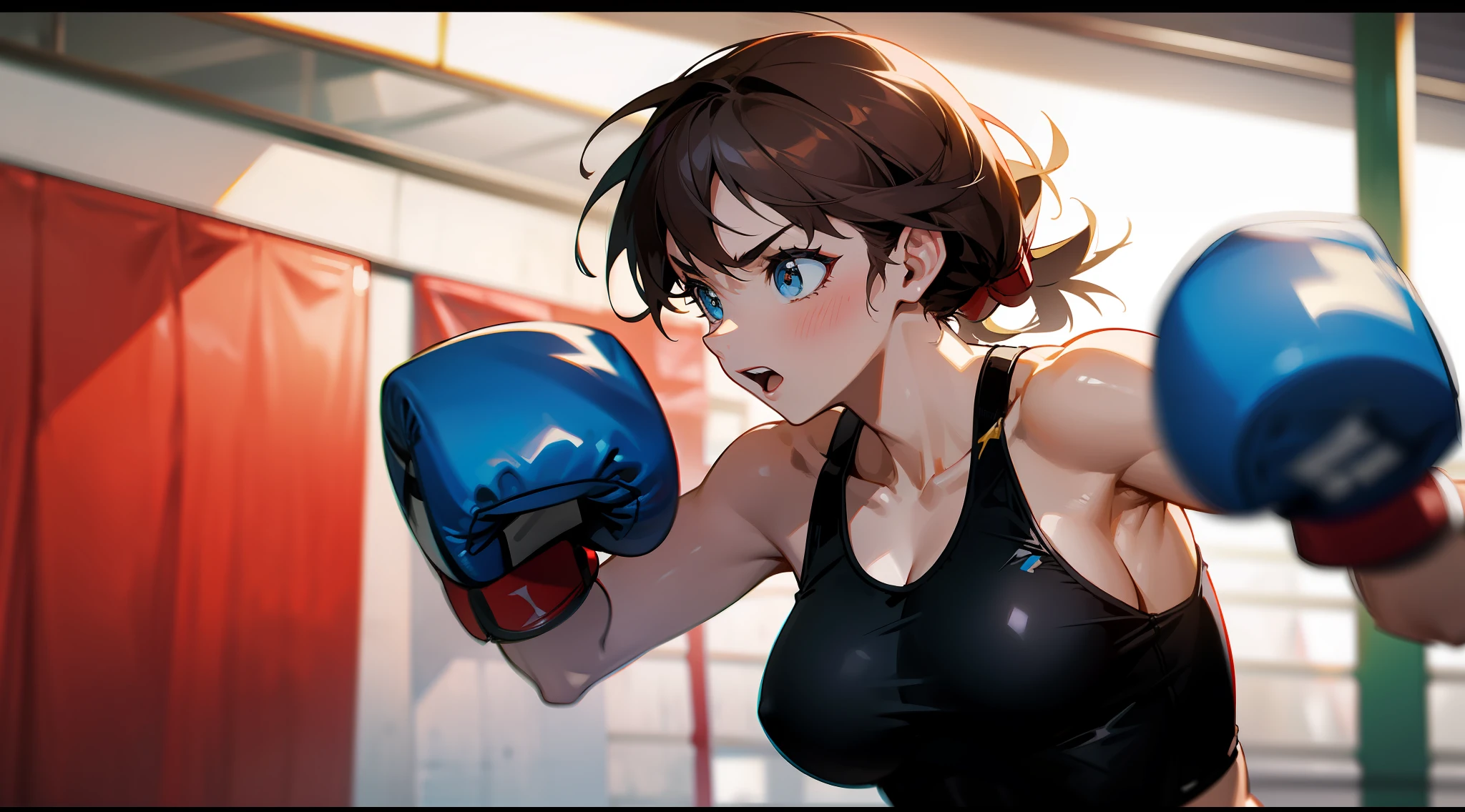 a woman with boxing gloves, fighting pose, in a boxing ring
