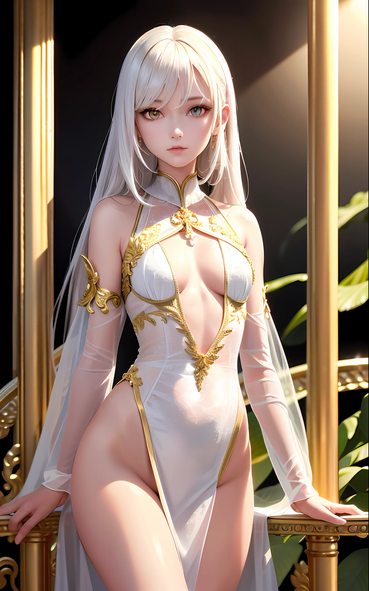 Superb and masterpiece, high resolution, best quality, UHD, super detail, award-winning, 16k, upper body, a beautiful girl, white hair, hair, (((golden eyes)), hanging eye corners, fair skin, small breasts, slender body, variety of white clothes