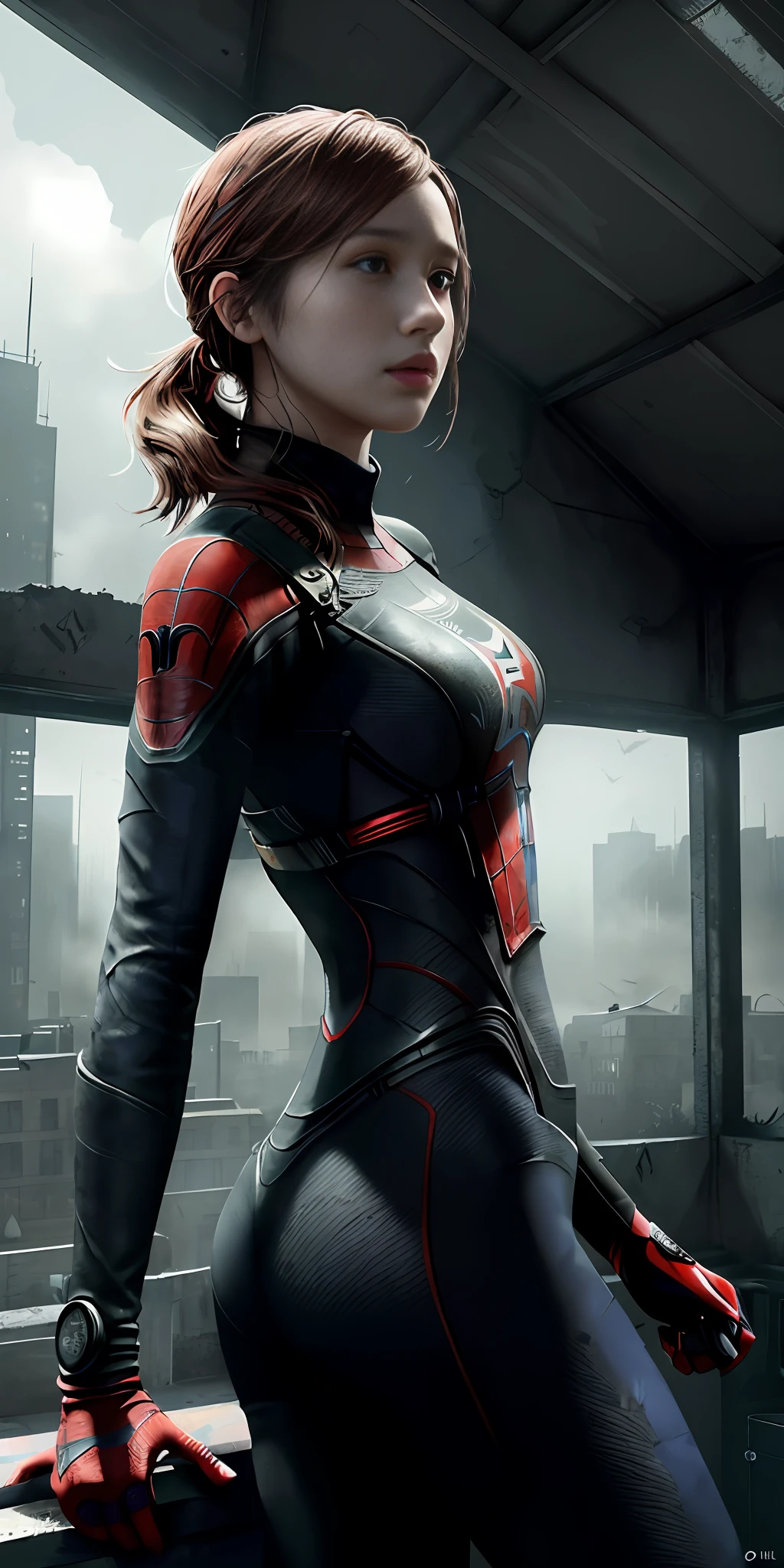 Create an incredibly detailed artwork depicting Ellie, the main character of the game "The Last of Us". Highlight your vibrant eyes and delicate face, capturing your incredible beauty. Draw her in a dynamic pose, wearing a Spider-Man suit with red and black color scheme. The background should depict a detailed roof overlooking a futuristic dystopian megalopolis, adding a touch of complexity and atmosphere to the image. Use a high-quality technique, such as 8k UHD, to create highly detailed skin with visible pores and stunning photographic realism. Add volumetric mist elements to add depth to the scene. The work must be a true masterpiece, with exceptional quality and a unique artistic style