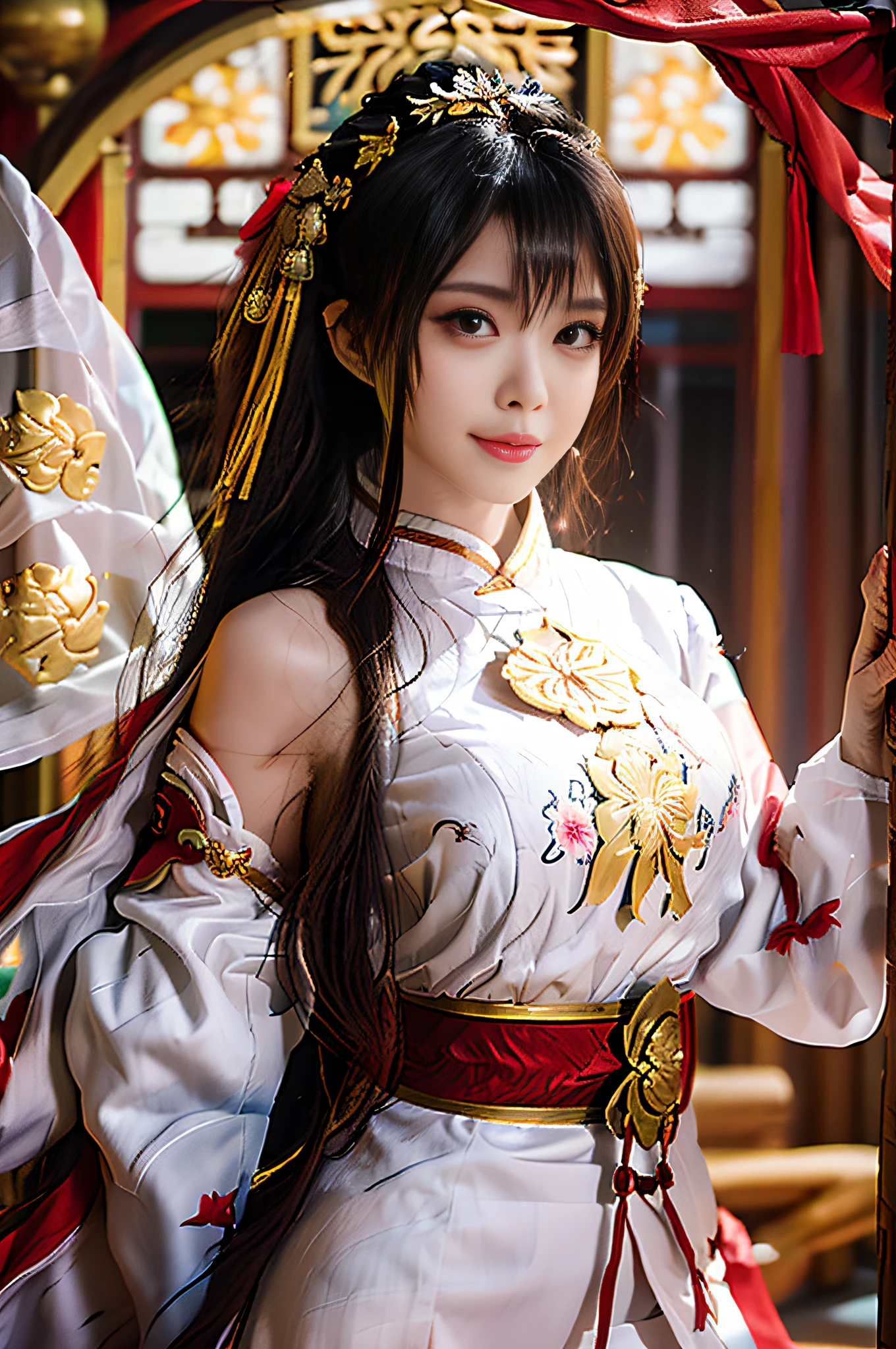 Best Quality, Masterpiece, Ultra High Resolution, (Realistic: 1.4), Xiuxian, Smile, Shy, Detail Face,
1 girl, white clothes, lotus print, maple leaf print, solo, weapon, (magic circle: 1.2), Xiuxian, upper body, beautiful girl, half-body, East Asian architecture, sheath, construction,