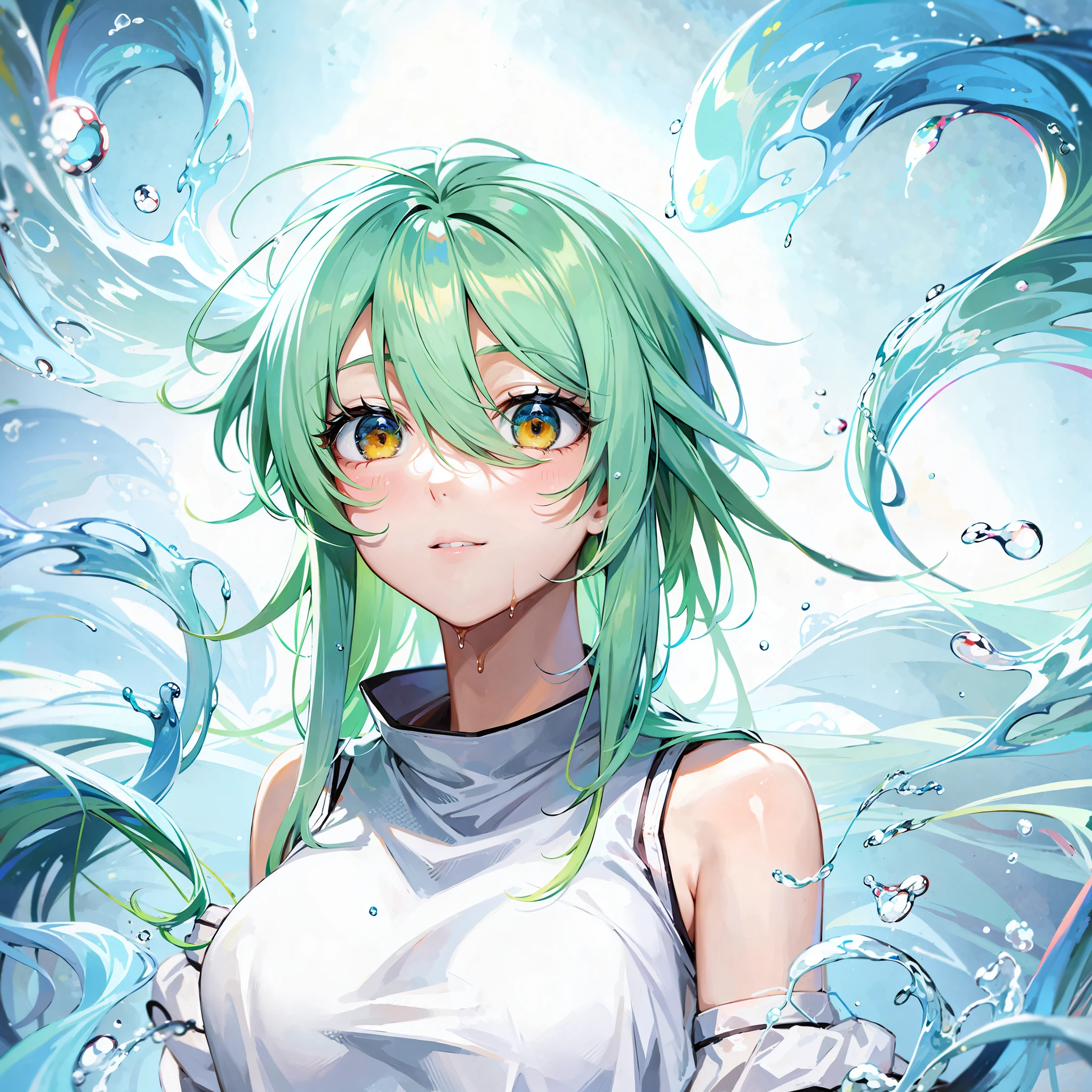 Anime, girl, 8k, light green hair, yellow eyes, wet hair