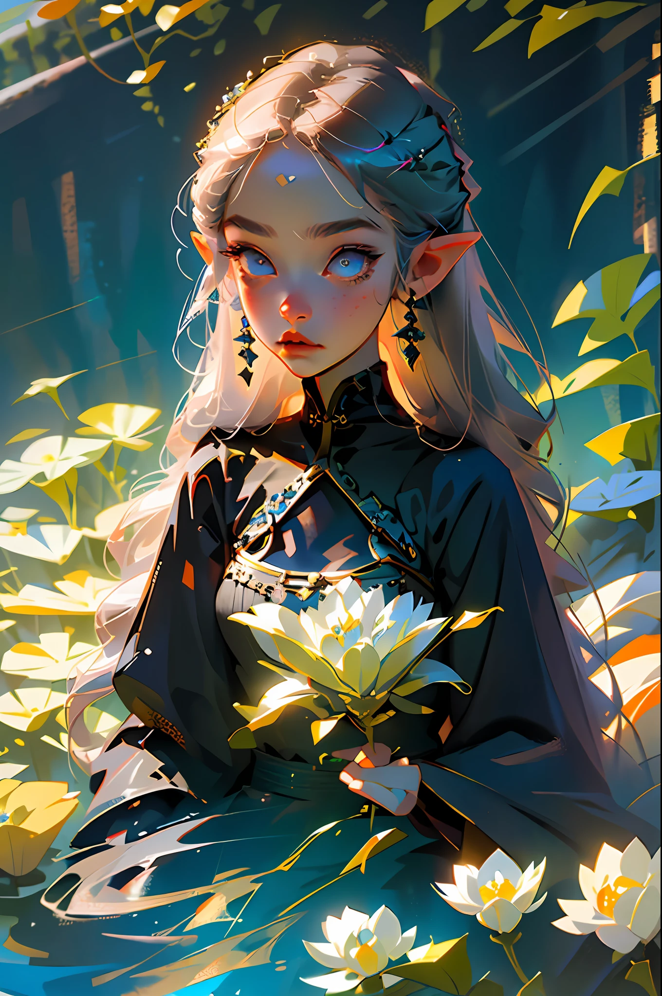 (Best Quality, Masterpiece 1.2), (Detailed Eyes: 1.2), Intricate Details, Depth of Field, Deep Sea, 1 Girl, Girl Lying in a Flower, Princess Zelda, Long Hair,