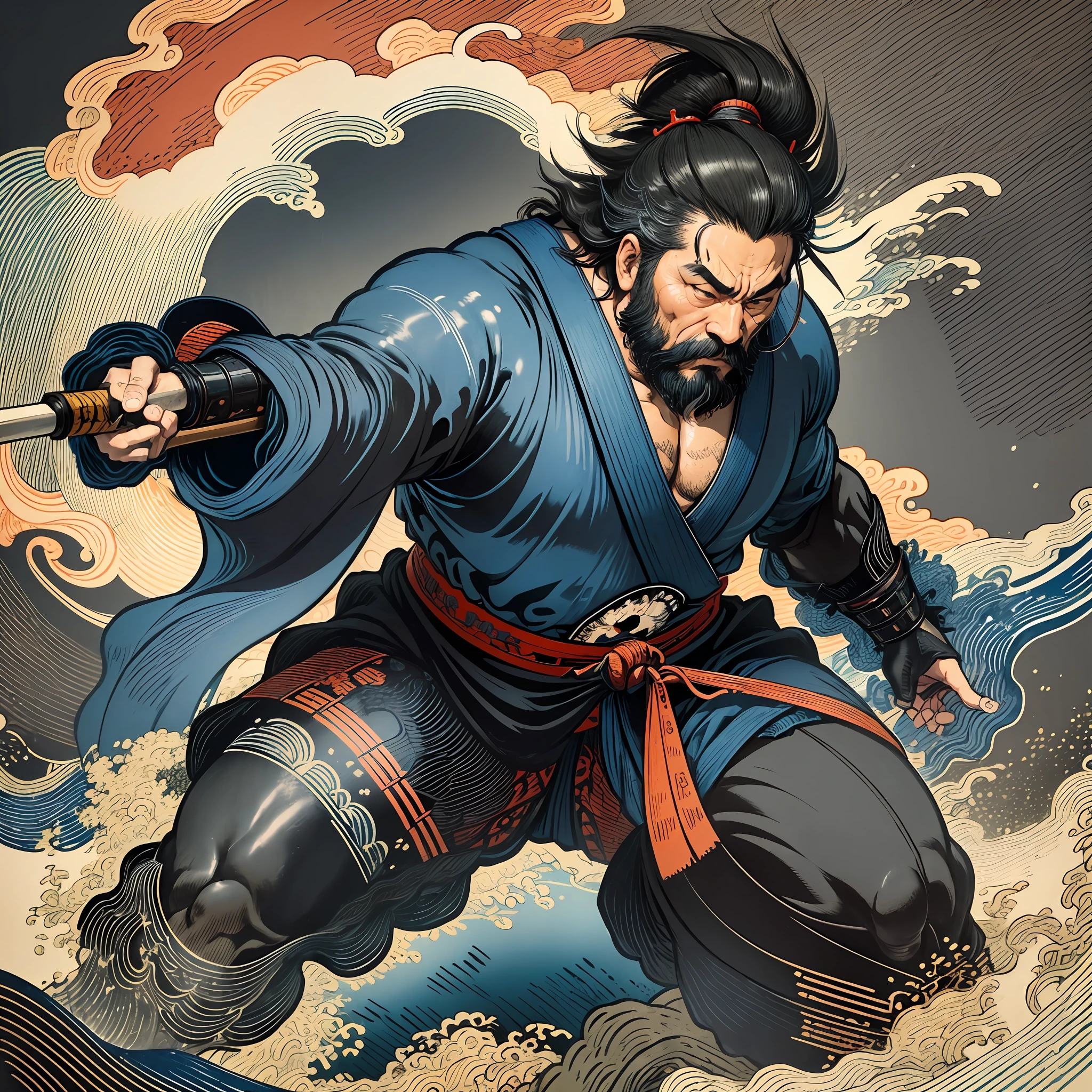 It is a full-body painting with natural colors with Katsushika Hokusai-style line drawings. The appearance of swordsman Miyamoto Musashi fighting with a large body like a strongman. Samurai of Japan. He has a dignified yet manly expression of determination, short black hair, and a short, trimmed beard. His upper body is covered in a black kimono and his hakama is knee-long. In his right hand he holds a Japan sword. In the midst of the finest quality, masterpiece's high-resolution ukiyo-e-style lightning and swirling flames, Miyamoto Musashi stands face and body facing forward.