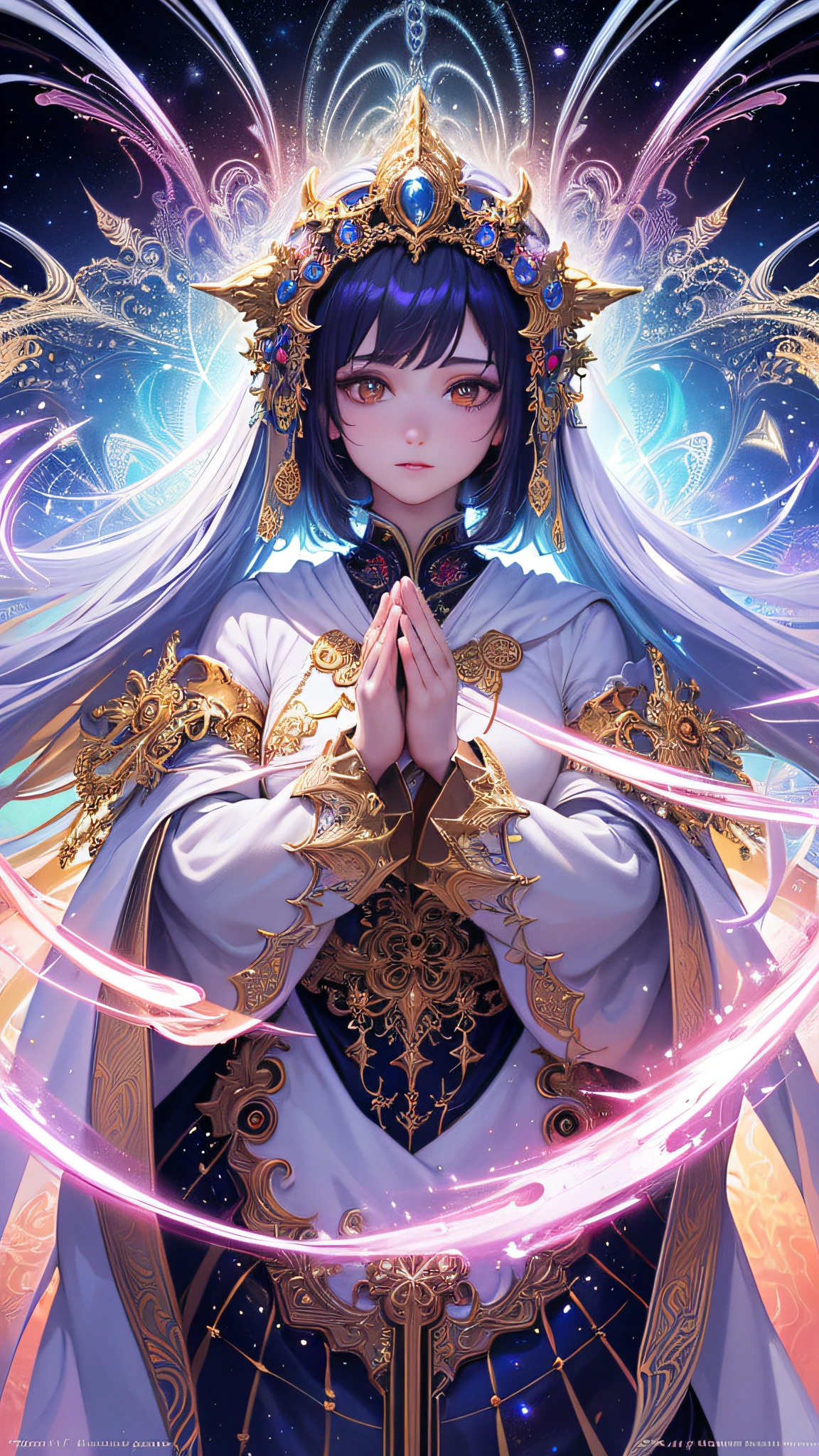 (masterpiece, top quality, best quality, official art, beautiful and aesthetic:1.2), (1girl), extreme detailed, (fractal art:1.3), colorful, highest detailed, perfect face, upper body, HDR, (praying:1.3), (white cloak golden lines:1.2), galaxy, (light streaks), striking visuals, (dynamic streaks, luminous trails:1.2), vibrant colors,