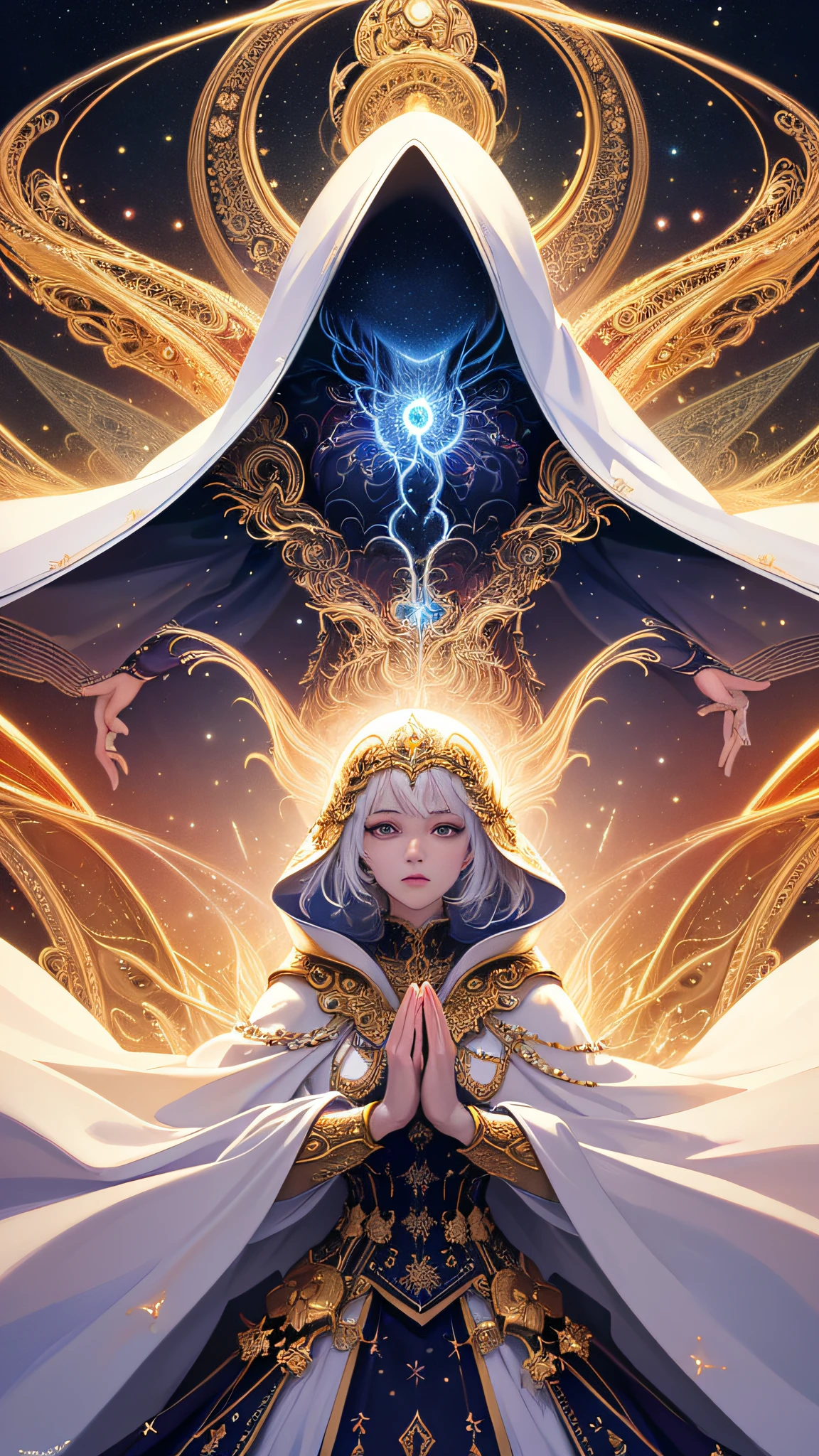 (masterpiece, top quality, best quality, official art, beautiful and aesthetic:1.2), (1girl), extreme detailed, (fractal art:1.3), colorful, highest detailed, perfect face, upper body, HDR, (praying:1.3), (white cloak golden lines:1.2), galaxy, (light streaks), striking visuals, (dynamic streaks, luminous trails:1.2), vibrant colors,