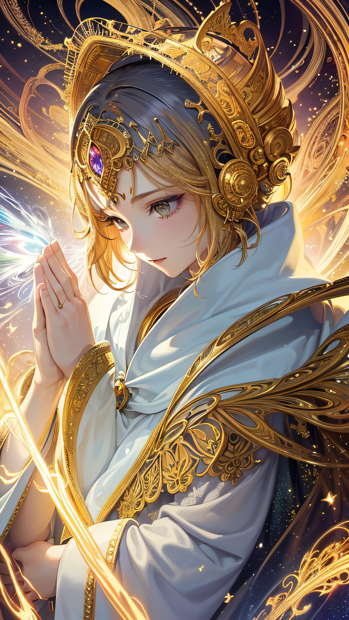 (masterpiece, top quality, best quality, official art, beautiful and aesthetic:1.2), (1girl), extreme detailed, (fractal art:1.3), colorful, highest detailed, perfect face, upper body, HDR, (praying:1.3), (white cloak golden lines:1.2), galaxy, (light streaks), striking visuals, (dynamic streaks, luminous trails:1.2), vibrant colors,