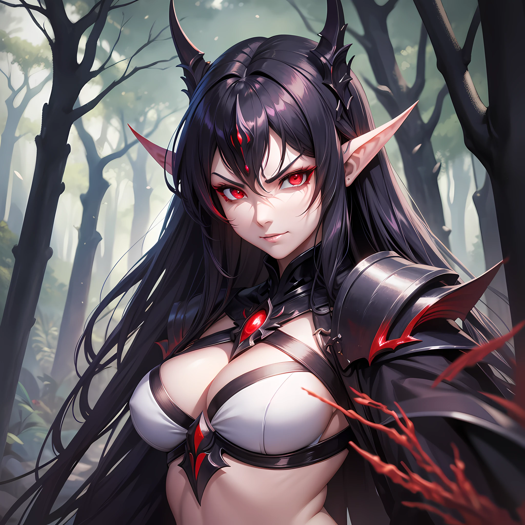anime fantasy, dark elf women, warrior, dark forest, long dark hair, red eyes, smirk on face, angry looking face