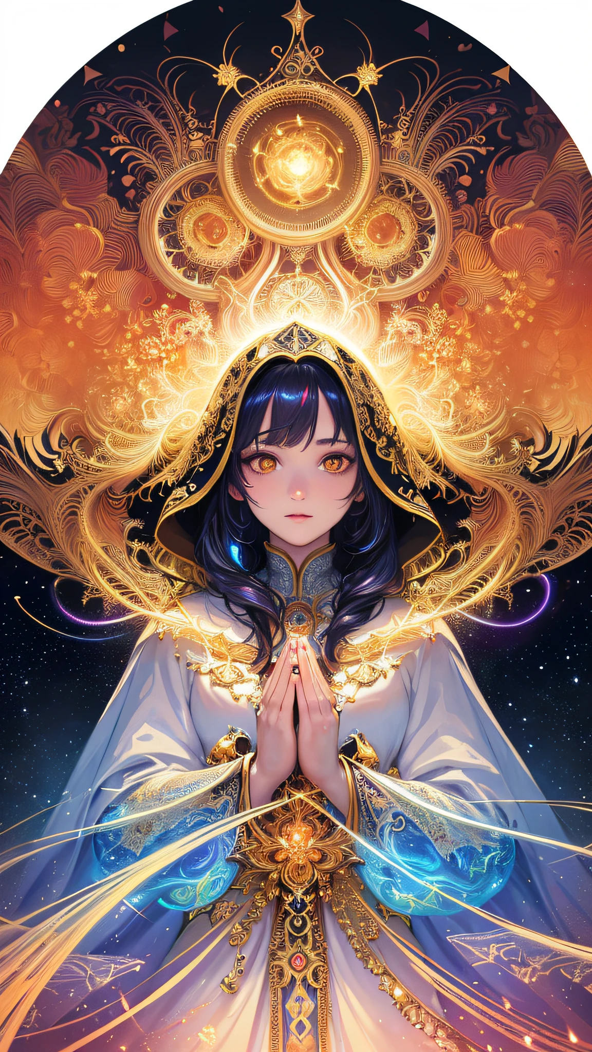 (masterpiece, top quality, best quality, official art, beautiful and aesthetic:1.2), (1girl), extreme detailed, (fractal art:1.3), colorful, highest detailed, perfect face, upper body, HDR, (praying:1.3), (white cloak golden lines:1.2), galaxy, (light streaks), striking visuals, (dynamic streaks, luminous trails:1.2), vibrant colors,