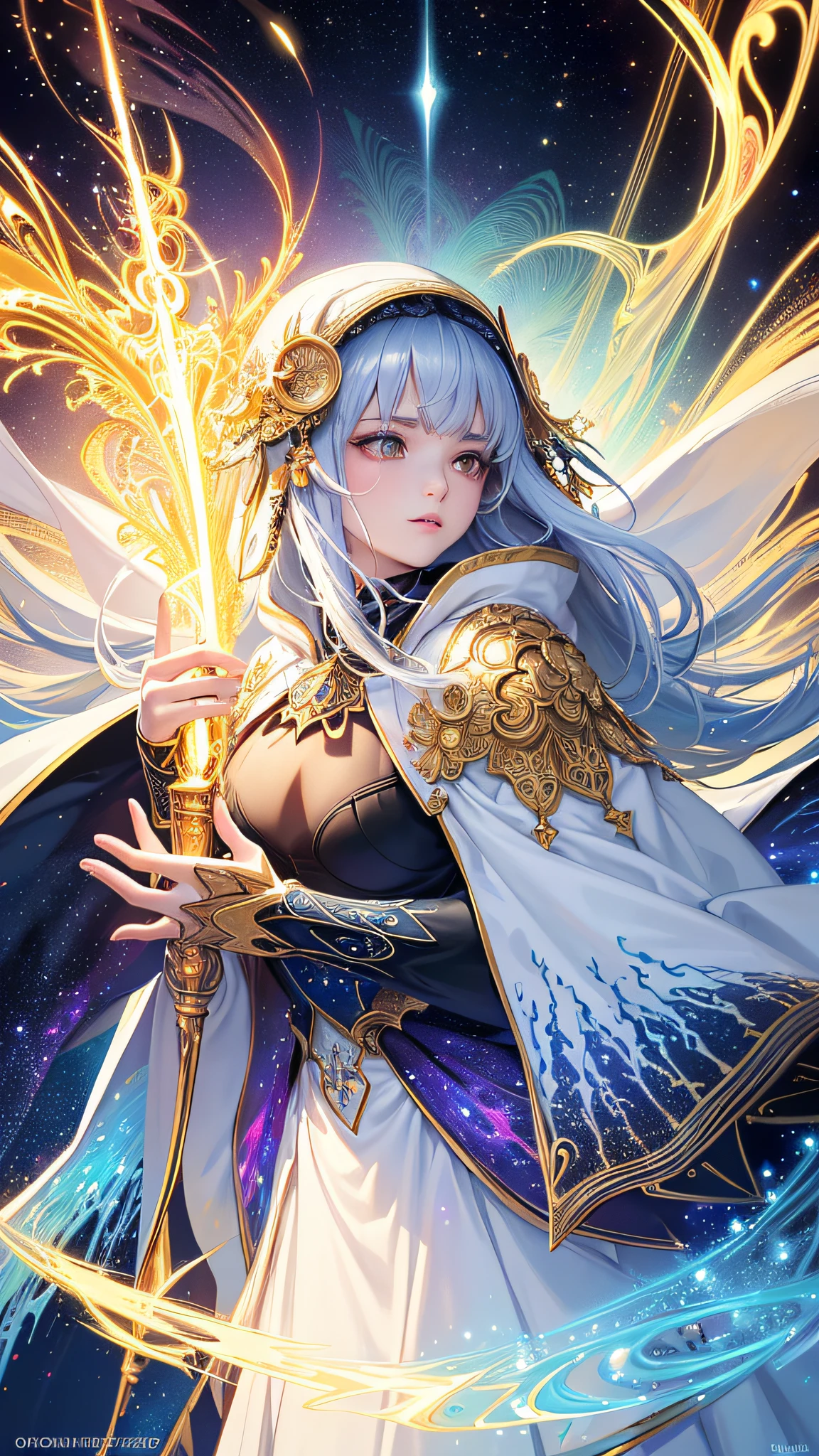 (masterpiece, top quality, best quality, official art, beautiful and aesthetic:1.2), (1girl), extreme detailed, (fractal art:1.3), colorful, highest detailed, perfect face, upper body, HDR, (praying:1.3), (white cloak golden lines:1.2), galaxy, (light streaks), striking visuals, (dynamic streaks, luminous trails:1.2), vibrant colors,