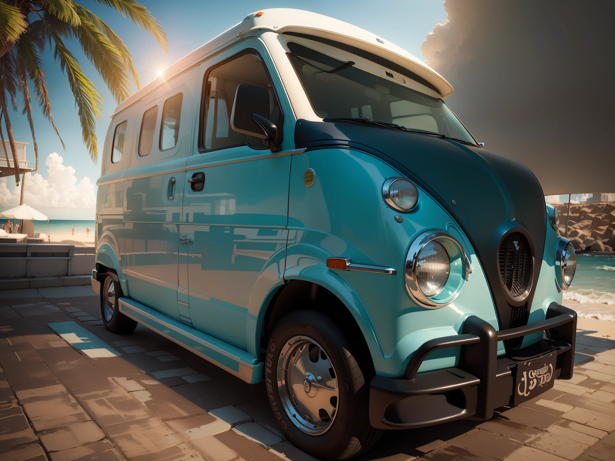 A wagen van with a surfboard on the roof is driving along the beach in Waikiki, the car is mainly painted in bronze blue, and the side of the wagen van is painted in American pop art in the style of Ligneclaire, with graphic illustrations inspired by the Waikiki coast. Delicate Details, Detailed Background, Delicate Drawing, High Quality, High Quality, High Resolution, 8K, Masterpiece --auto --s2