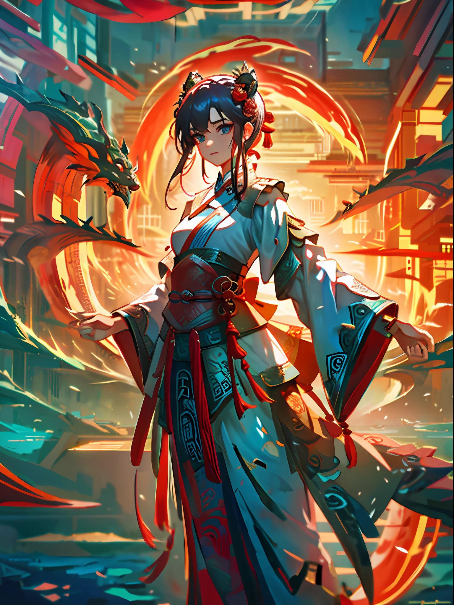 Masterpiece, highest quality, 1 girl, Chinese dragon, epilogue, ocean