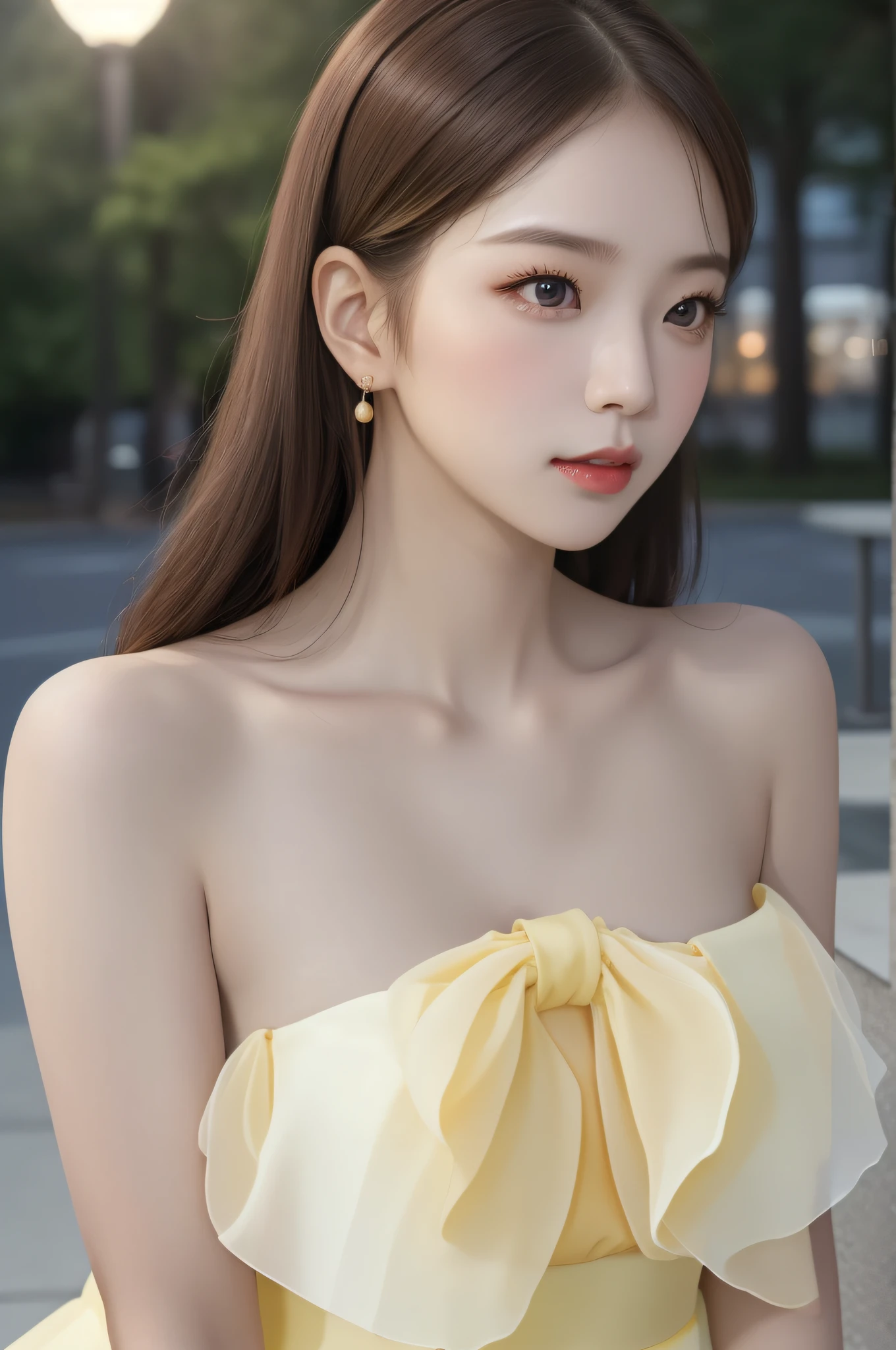 half-body photo of a korean girl, (Perfect beauty:1.37), ((platinum brown hair)), medium(((perfect natural breasts))), cleavage, ((dynamic pose)),
sexy collarbone, oval face, double eyelids, smart peach blossom eyes, pink lips, small nose, bangs, (standing), earrings, ribbon choker,
bare shoulders, (((light yellow chiffon summer dress))), (Outdoor, Night, Bokeh:1.125), Park view, Super fine face, Fine eyes, Double eyelids,
(Clear focus), (Realistic lighting, Best quality, 8K, Masterpiece: 1.43),