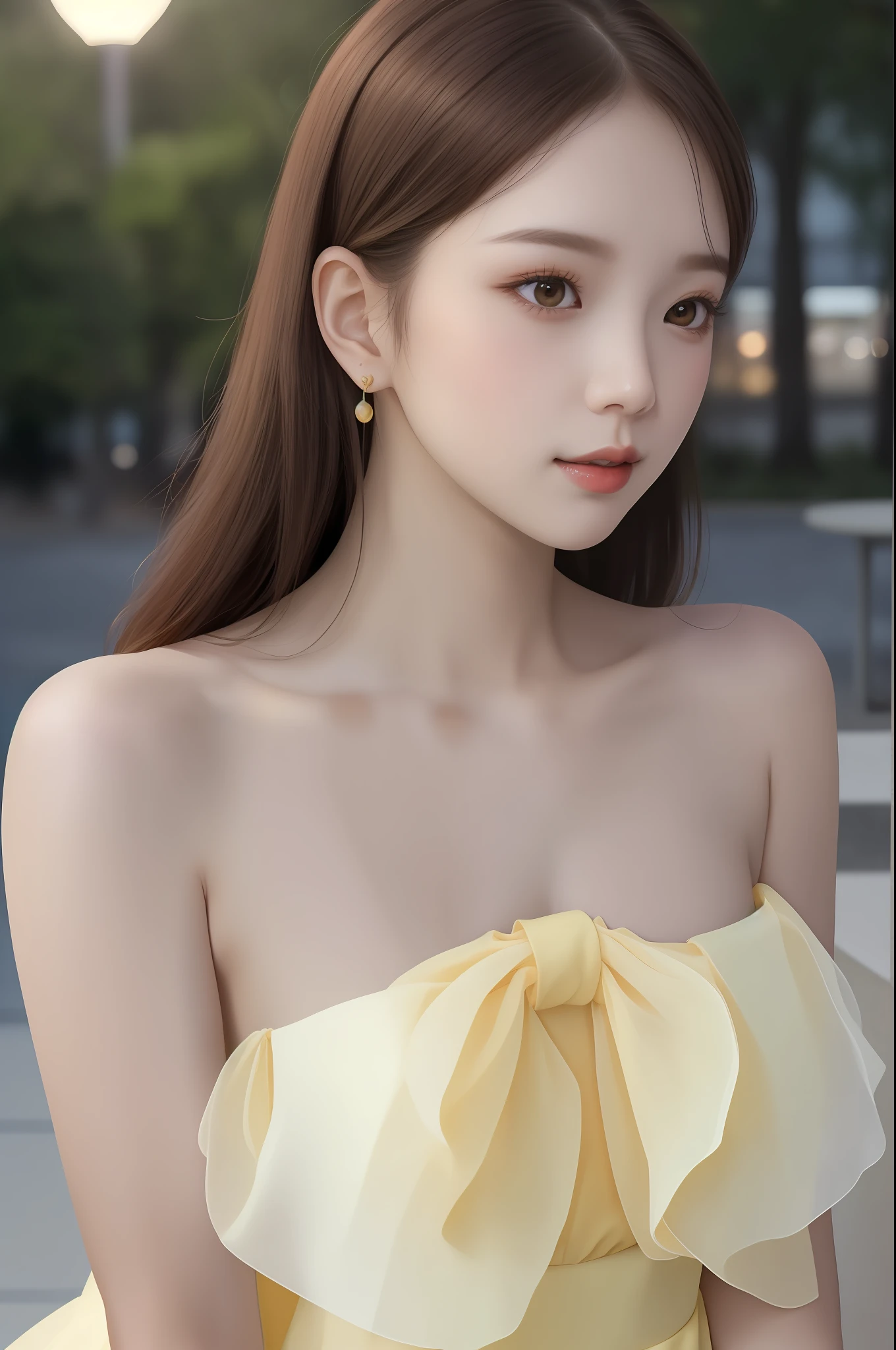 half-body photo of a korean girl, (Perfect beauty:1.37), ((platinum brown hair)), medium(((perfect natural breasts))), cleavage, ((dynamic pose)), 
sexy collarbone, oval face, double eyelids, smart peach blossom eyes, pink lips, small nose, bangs, (standing), earrings, ribbon choker, 
bare shoulders, (((light yellow chiffon summer dress))), (Outdoor, Night, Bokeh:1.125), Park view, Super fine face, Fine eyes, Double eyelids, 
(Clear focus), (Realistic lighting, Best quality, 8K, Masterpiece: 1.43),