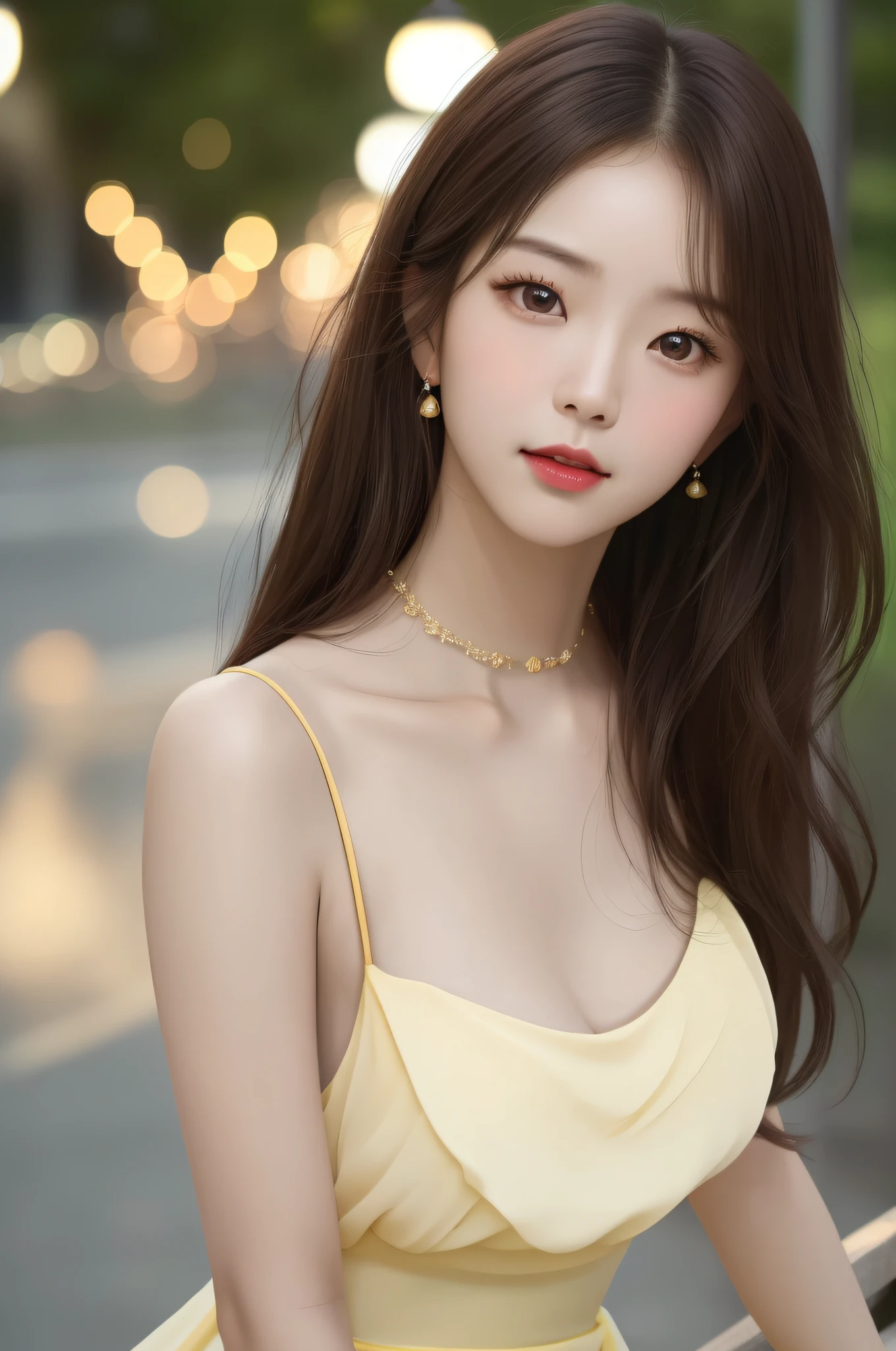 half-body photo of a korean girl, (Perfect beauty:1.37), ((platinum brown hair)), medium(((perfect natural breasts))), cleavage, ((dynamic pose)), 
sexy collarbone, oval face, double eyelids, smart peach blossom eyes, pink lips, small nose, bangs, (standing), earrings, ribbon choker, 
bare shoulders, (((light yellow chiffon summer dress))), (Outdoor, Night, Bokeh:1.125), Park view, Super fine face, Fine eyes, Double eyelids, 
(Clear focus), (Realistic lighting, Best quality, 8K, Masterpiece: 1.43),