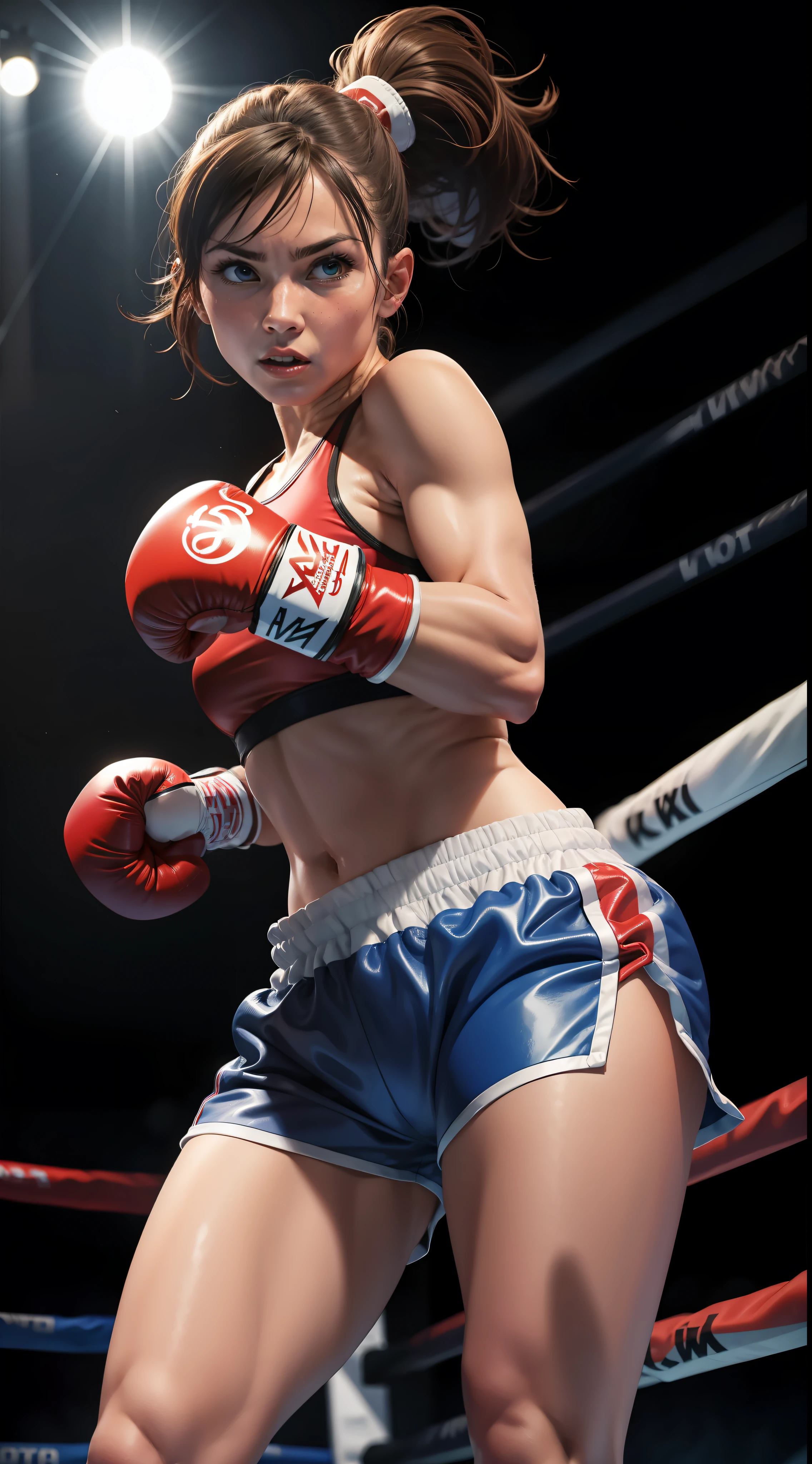 a woman with boxing gloves, fighting pose, in a boxing ring