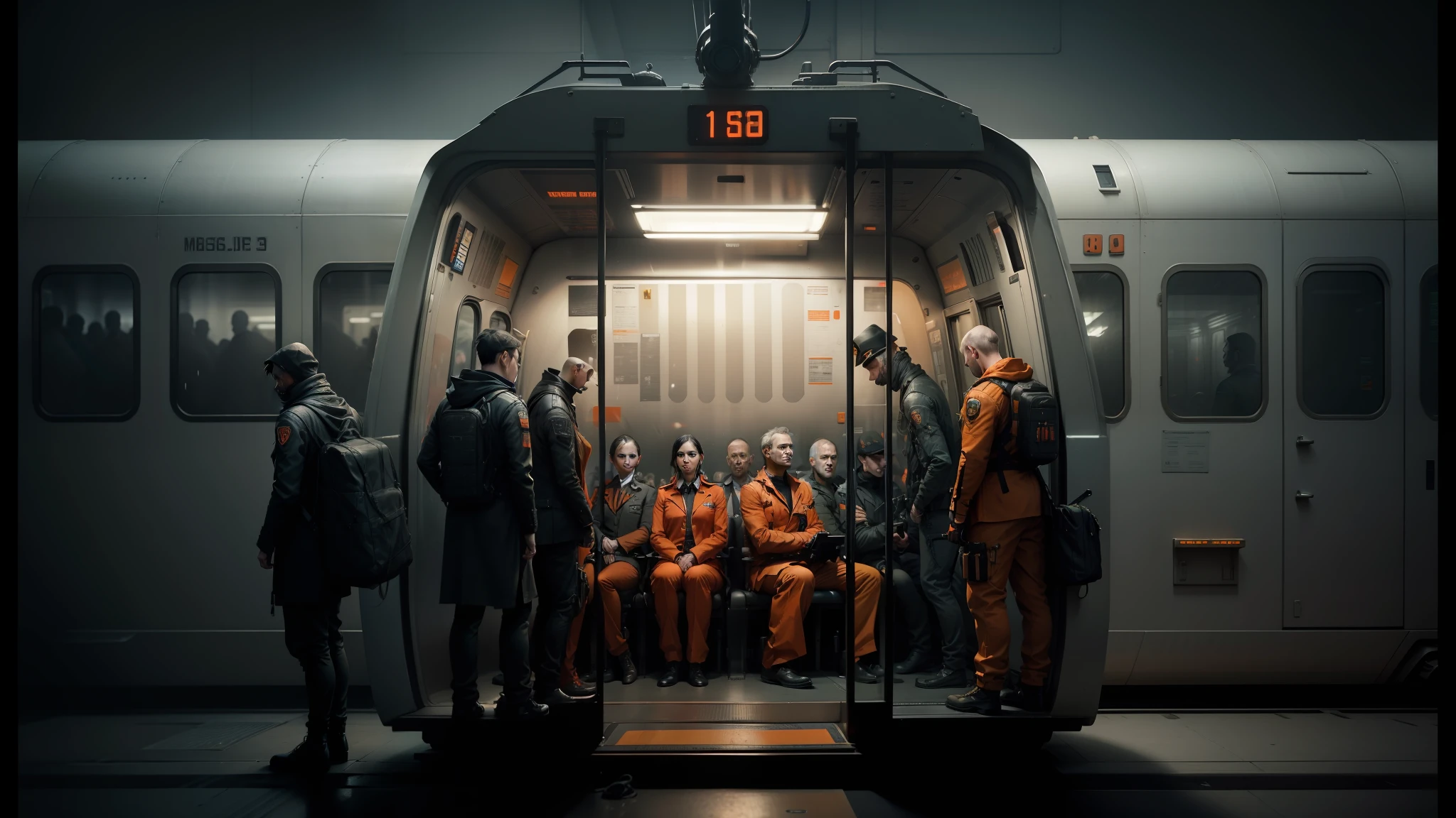 arafed group of people in orange suits sitting in a train, trending on art-station, trending on art - station, dystopian art, ( ( mads berg ) ), syndicate(2012), matte painting of human mind, by mads berg, by Ejler Bille, metro, prison city, cgsociety 9, cinematic cgsociety, orange line --auto --s2